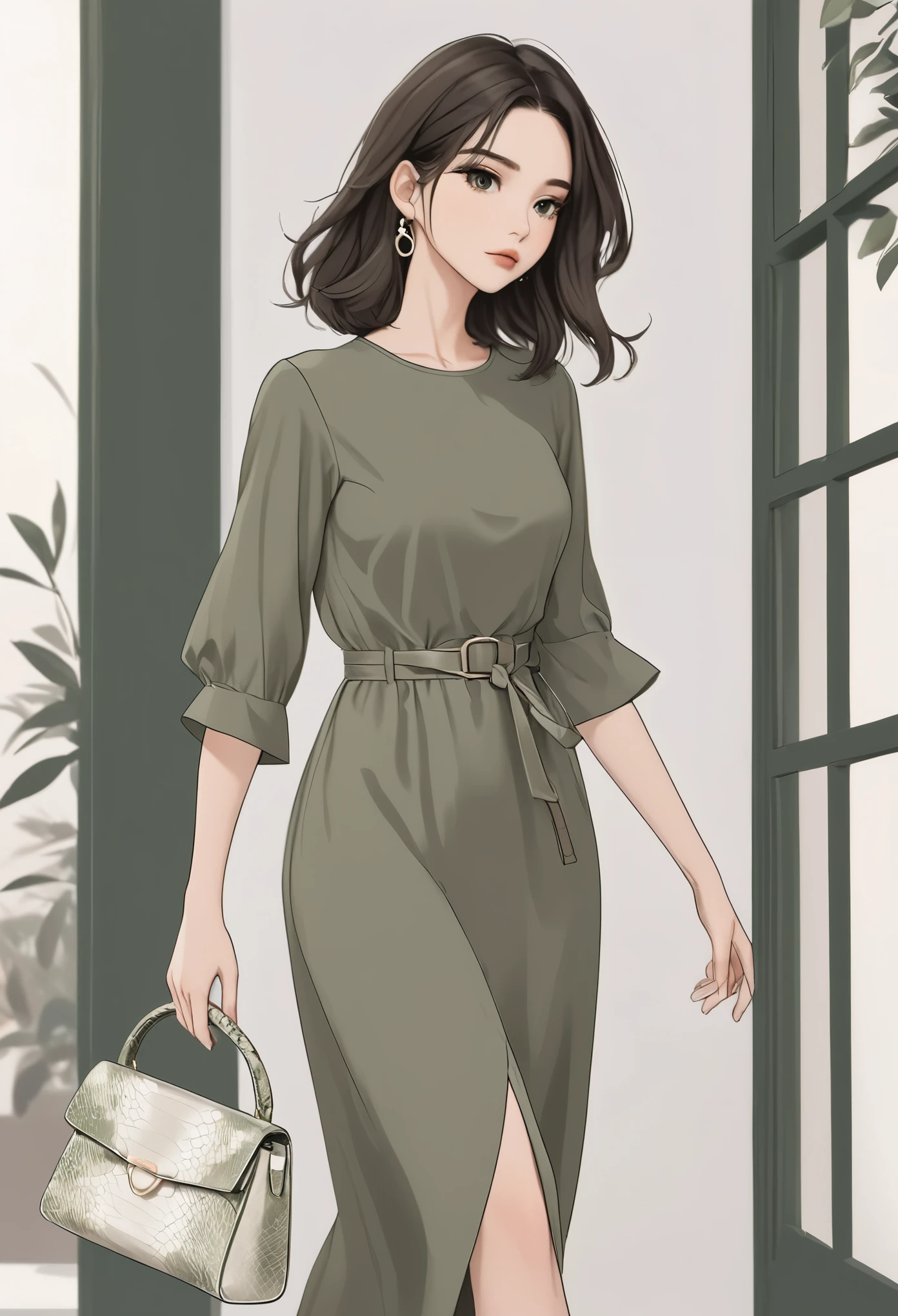 anime girl, pastel,
Low Fidelity (lofi) art style, fashionable woman, olive green midi dress, cinched waist, 3/4 sleeves, white background, minimalist style, elegant and simple, white handbag with snakeskin accents, black heels, casual chic, polished yet relaxed look, modern fashion, neutral color palette, effortless elegance, clean and minimal design, stylish and versatile outfit, focus on dress and accessories