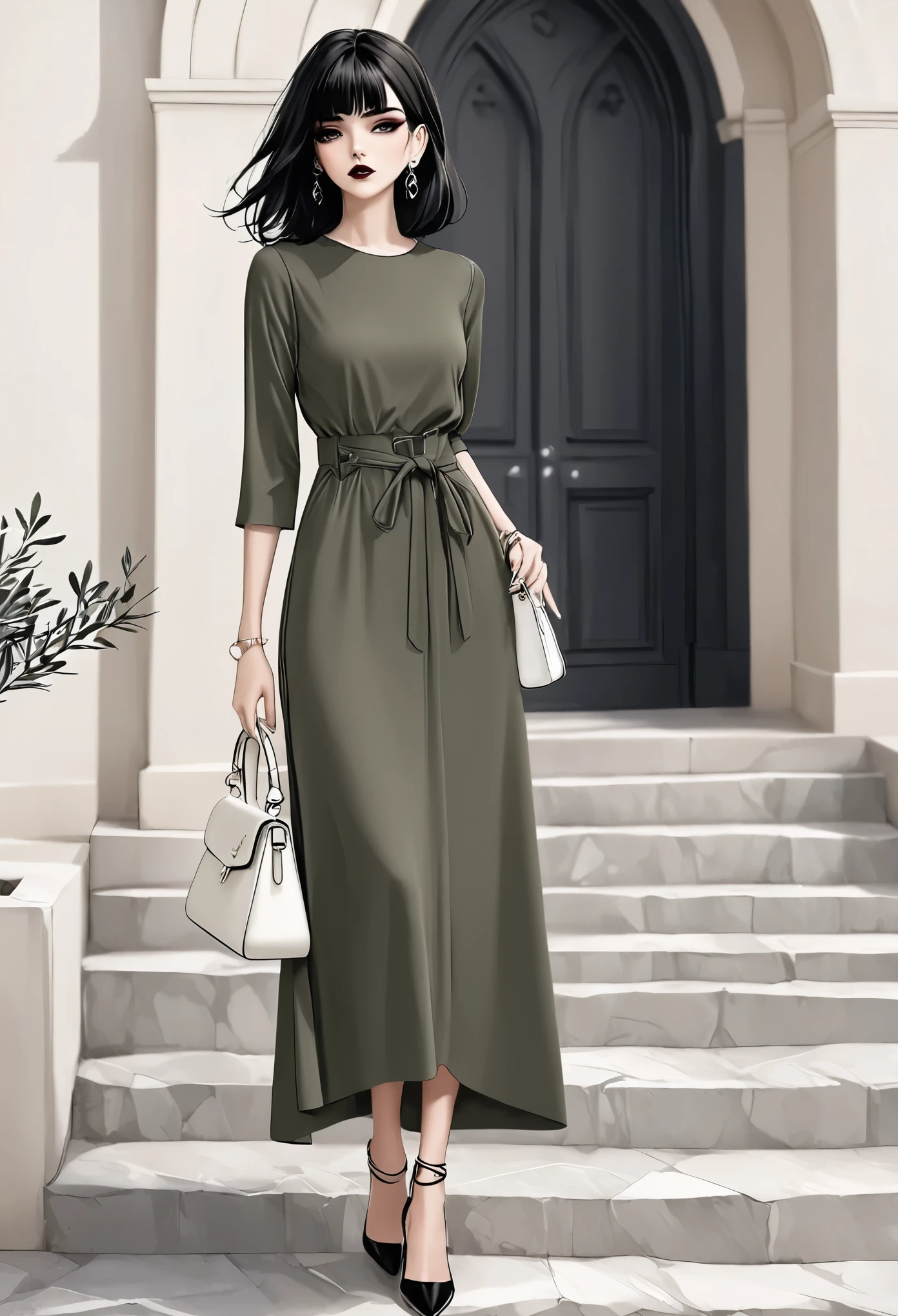 anime girl, pastel,dark gothic style, fashionable woman, olive green midi dress, cinched waist, 3/4 sleeves, white background, minimalist style, elegant and simple, white handbag with snakeskin accents, black heels, casual chic, polished yet relaxed look, modern fashion, neutral color palette, effortless elegance, clean and minimal design, stylish and versatile outfit, focus on dress and accessories