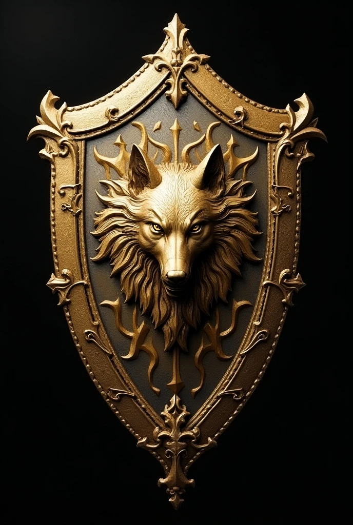 A medieval shield made of aged gold-plated metal with a high relief drawn a wolf, the shape of the shield is different, it seems to have wings