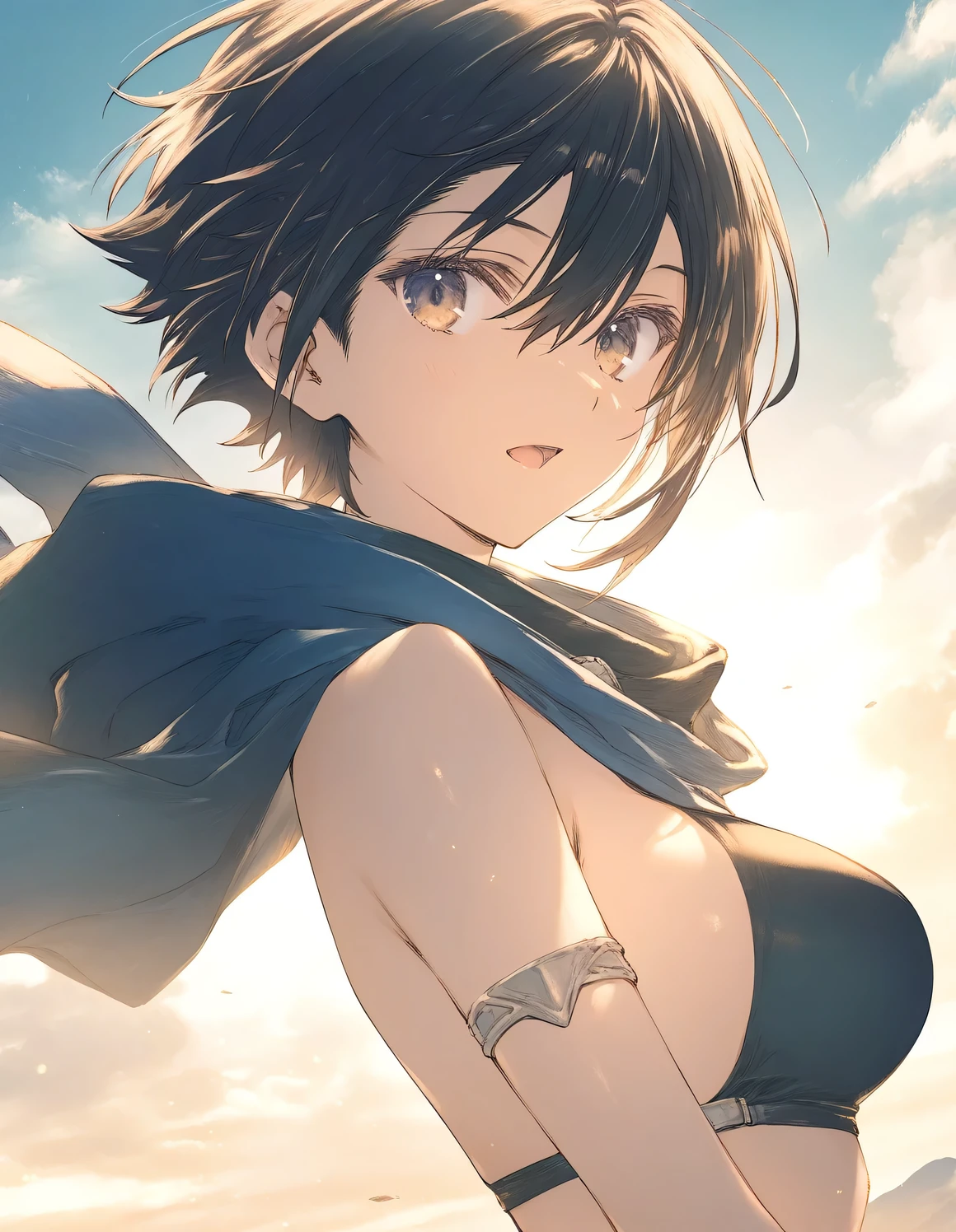 1girl, tomboy, little female, beautiful breasts, open mouth, outdoors,wind, fantasy, game CG, break,((artist:mitsumi_misato)),(artist:fujiyama),(artist:suzumori),(masterpiece), (best quality), (ultra-detailed), very aesthetic,  beauty illustration,super detailed skin, shiny skin, (masterpiece), (best quality), (ultra-detailed), very aesthetic, ,hi res,absurd_res,2023,2024,shaded,digital media (artwork), realistic lighting, 4k, 8k,