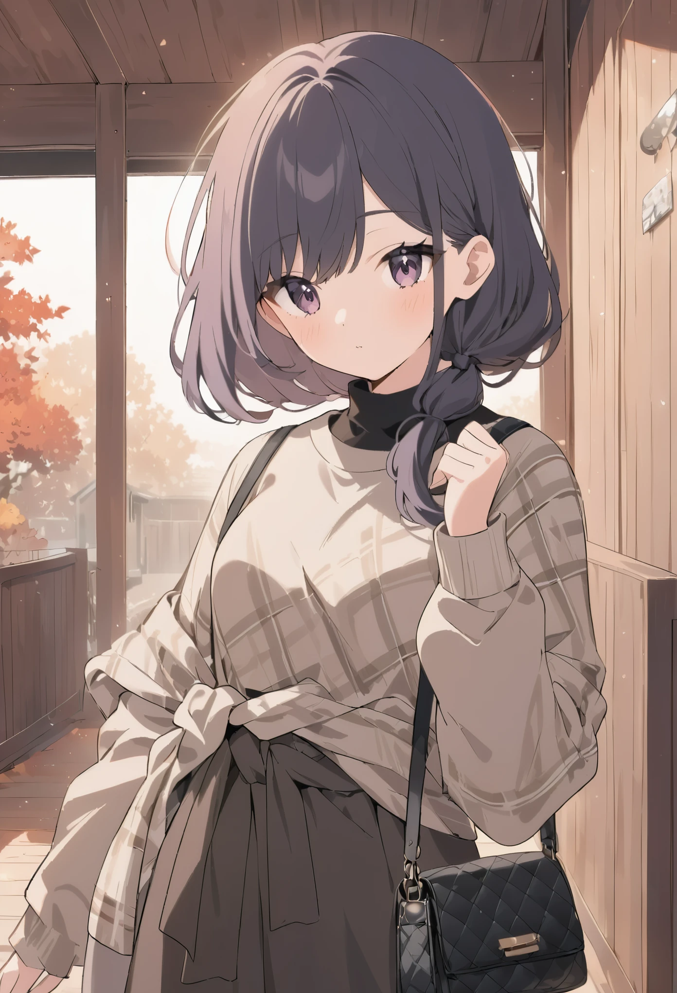 anime girl, pastel, Low Fidelity (lofi) art style, fashionable woman, casual autumn outfit, brown graphic sweatshirt, black maxi skirt, plaid shirt tied around waist, black leather handbag, relaxed and cozy style, natural lighting, wooden wall background, simple yet chic, minimalist accessories, comfortable and stylish, effortless elegance, modern casual fashion, indoor setting, focus on layering, cozy ambiance