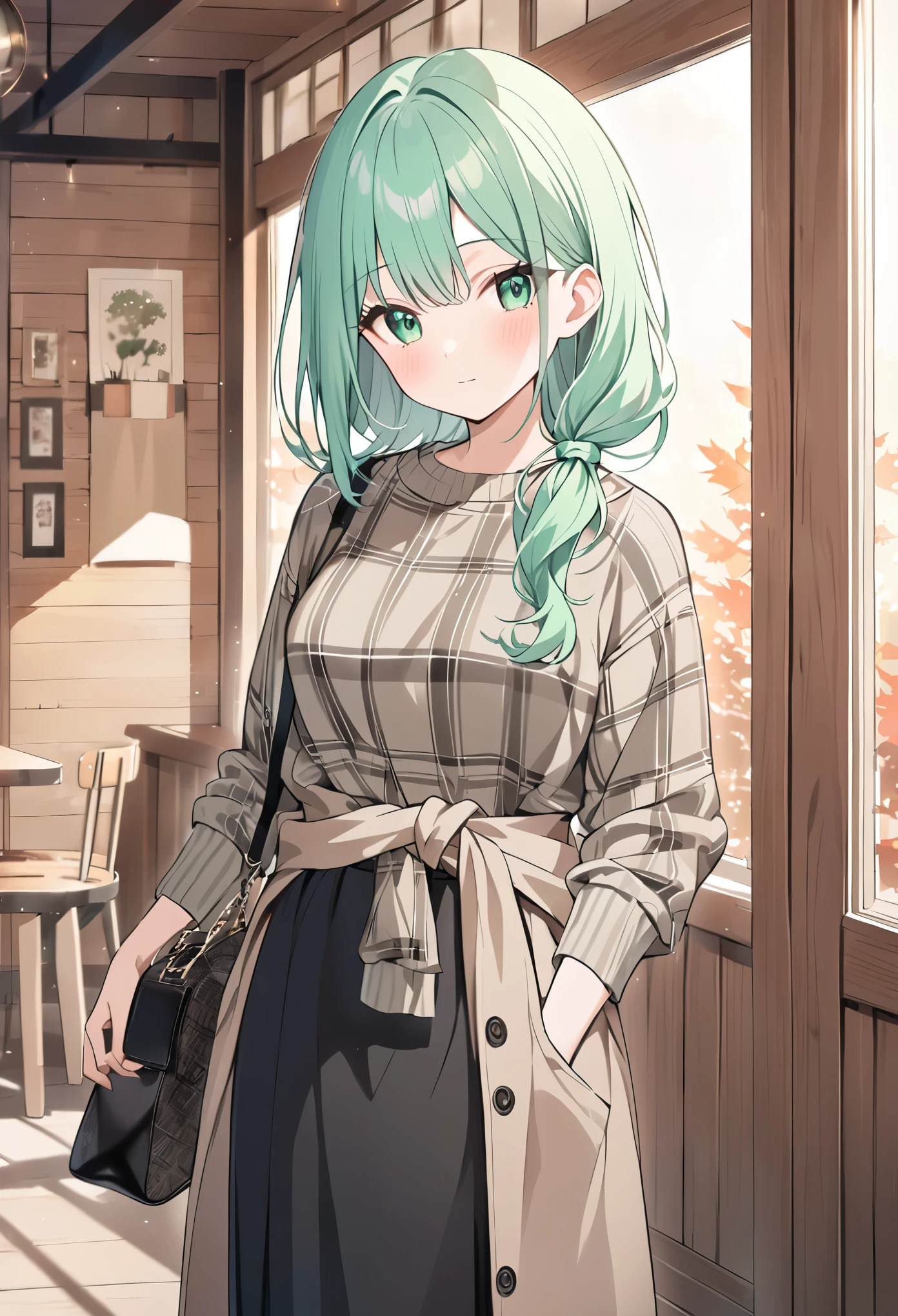 anime girl, pastel,theme color green, fashionable woman, casual autumn outfit, brown graphic sweatshirt, black maxi skirt, plaid shirt tied around waist, black leather handbag, relaxed and cozy style, natural lighting, wooden wall background, simple yet chic, minimalist accessories, comfortable and stylish, effortless elegance, modern casual fashion, indoor setting, focus on layering, cozy ambiance