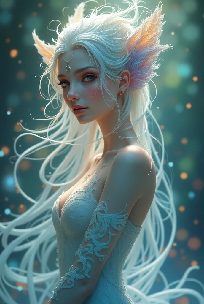 She is an ethereal creature of unparalleled beauty, with skin that shimmers like moonlight on water, casting a soft, silvery glow. Her long, flowing hair cascades in waves of iridescent colors, shifting from deep blues to radiant purples as it moves. Her eyes are large and luminous, with iridescent pupils that sparkle like stars, conveying an aura of ancient wisdom. Her delicate, pointed ears peek out from her hair, adorned with sparkling gemstones. Her high cheekbones and perfectly shaped lips enhance her regal and serene expression. A soft, ethereal glow surrounds her, accentuating her graceful movements. Her slender, elegant frame is draped in gossamer robes that seem to merge with the light. Each step she takes is accompanied by a gentle, melodic hum, adding to her enchanting presence. Her aura exudes both serenity and mystique, captivating all who gaze upon her.