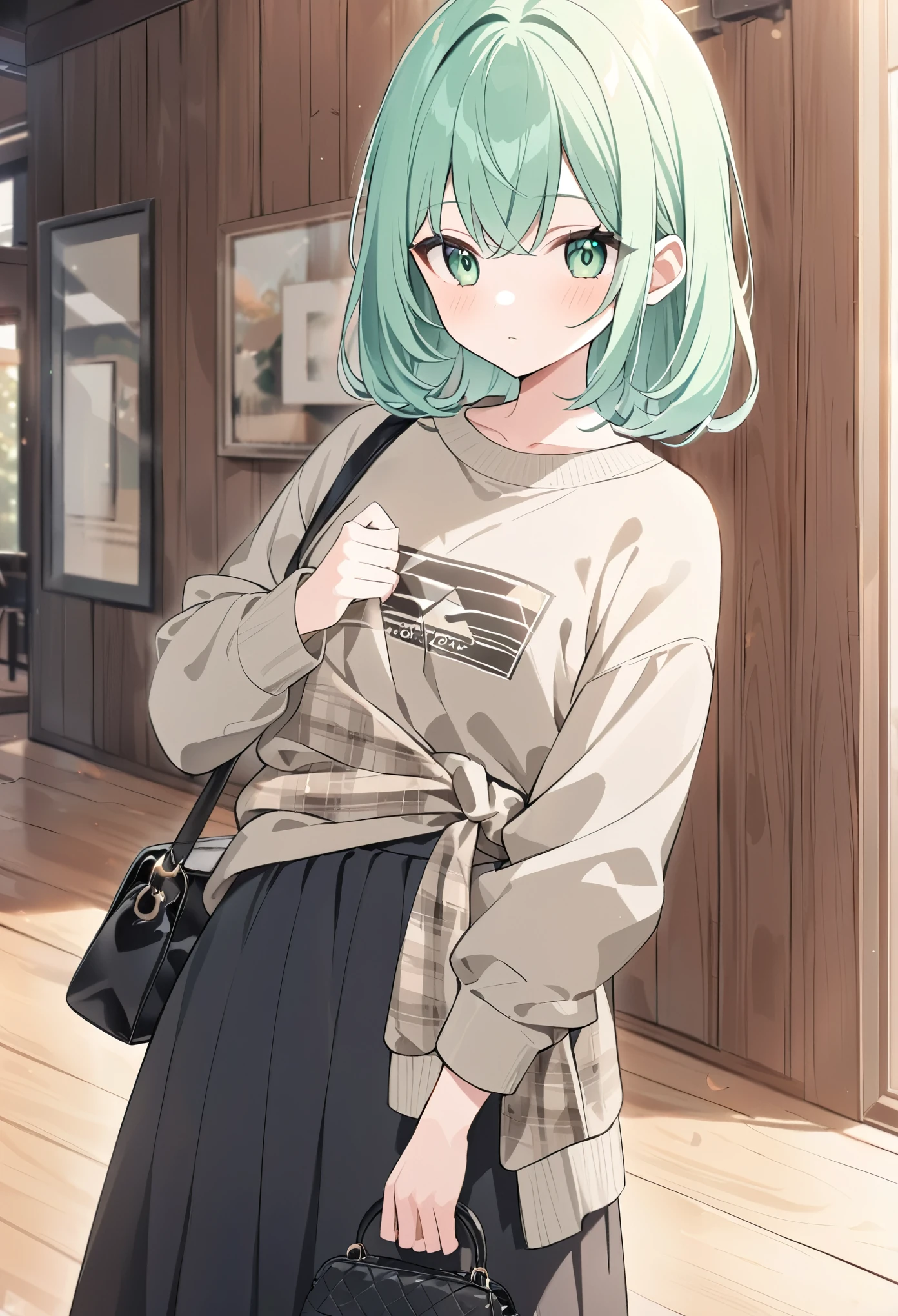 anime girl, pastel,theme color green, fashionable woman, casual autumn outfit, brown graphic sweatshirt, black maxi skirt, plaid shirt tied around waist, black leather handbag, relaxed and cozy style, natural lighting, wooden wall background, simple yet chic, minimalist accessories, comfortable and stylish, effortless elegance, modern casual fashion, indoor setting, focus on layering, cozy ambiance