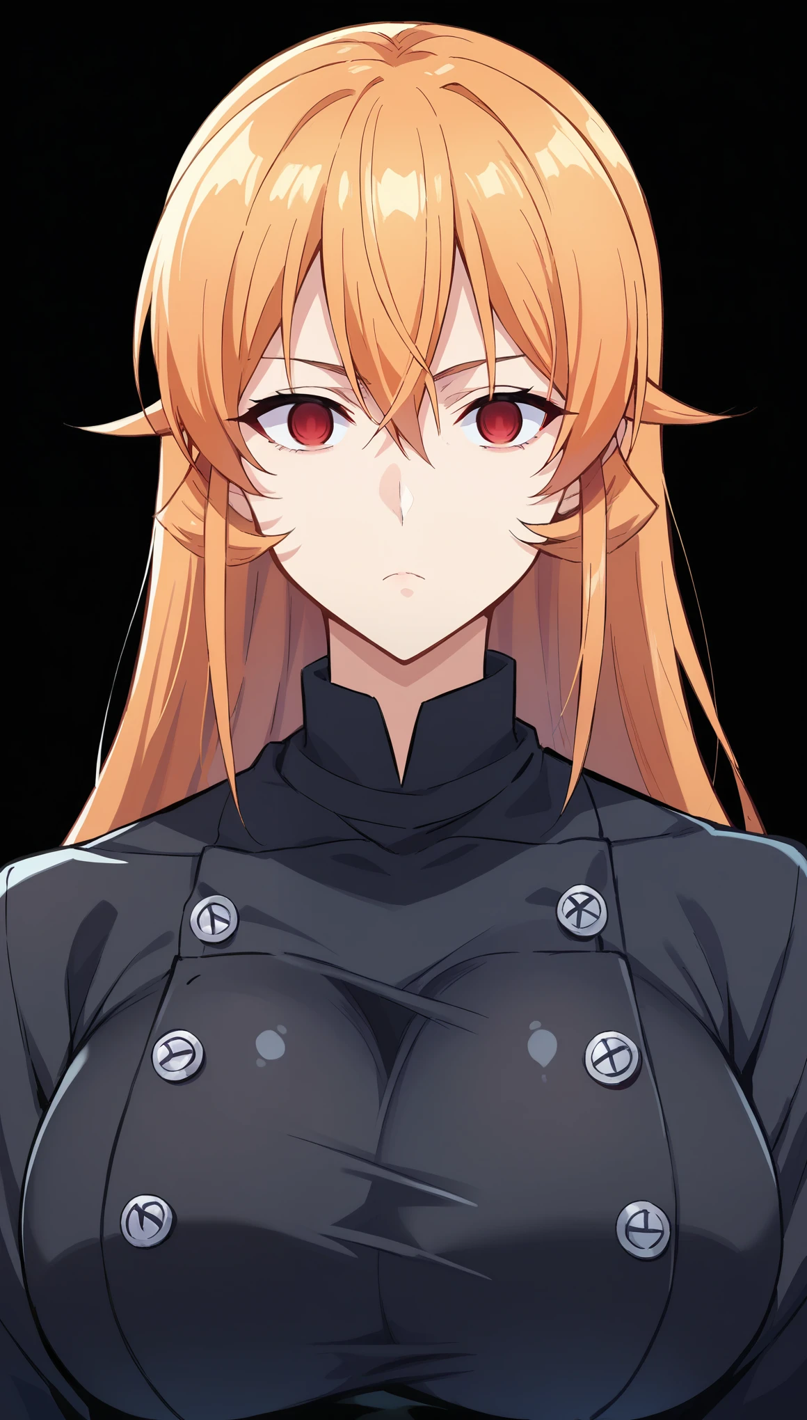 score_9, score_8_up, score_7_up, score_6_up, score_5_up, score_4_up, BREAK source_anime,1girl,erina nakiri, long hair, orange hair, hair between eyes,(Red eyes), glowing eyes,Huge breasts,((empty eyes)),Expressionless,(stand up), ((Black latex chef uniform)), cowboy shot, black background, simple background,