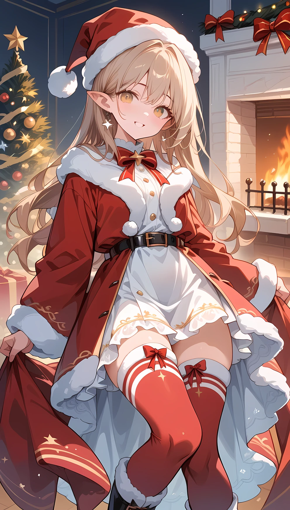 (((Best quality, 8k, Masterpiece: 1.3)), ((best quality)), ((masterpiece)), (detailed), perfect face, perfect body, (detailed skin:1.3), (intricate details), A cheerful elven woman dressed in a Santa Claus-inspired outfit stands in a cozy, festive room. She has pointed ears that peek out from under a red Santa hat with a fluffy white trim. Her outfit is a fitted red coat with white fur edges, a black belt, and tall boots, giving her a playful yet elegant holiday look. She holds a large sack of gifts over her shoulder, her expression warm and joyful. The background features a decorated Christmas tree, glowing string lights, and stockings hung by a fireplace, creating a warm, festive atmosphere filled with holiday cheer.