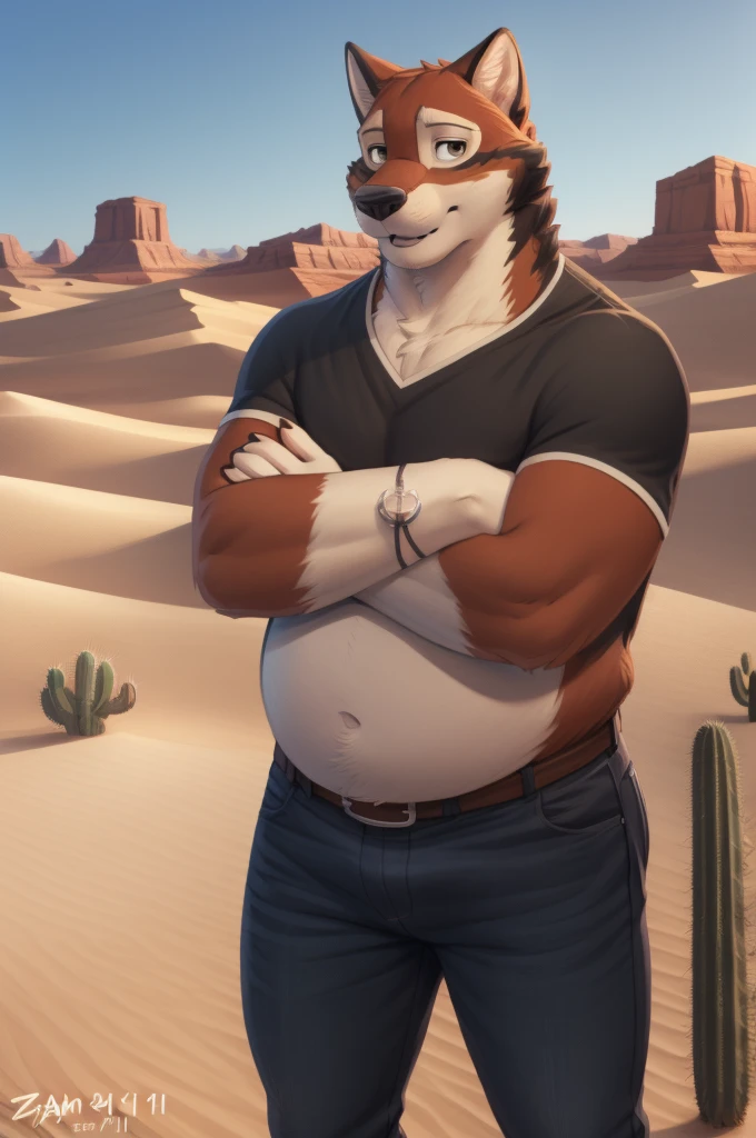 leo alvarez, overweight male, big belly, fat, belly_overhang, belly peeking out from shirt, bara, (posing:1.3), (soft shading), 4k, hi res, five fingers, detailed hands, ((detailed face, (detailed eyes:1.0), detailed)), by zackarry911, by zaush, (by personalami:0.5), solo, looking at viewer, smile, shirt, 1boy, desert, cactus, male focus, cowboy shot, belt, pants, black shirt, crossed arms, denim, jeans