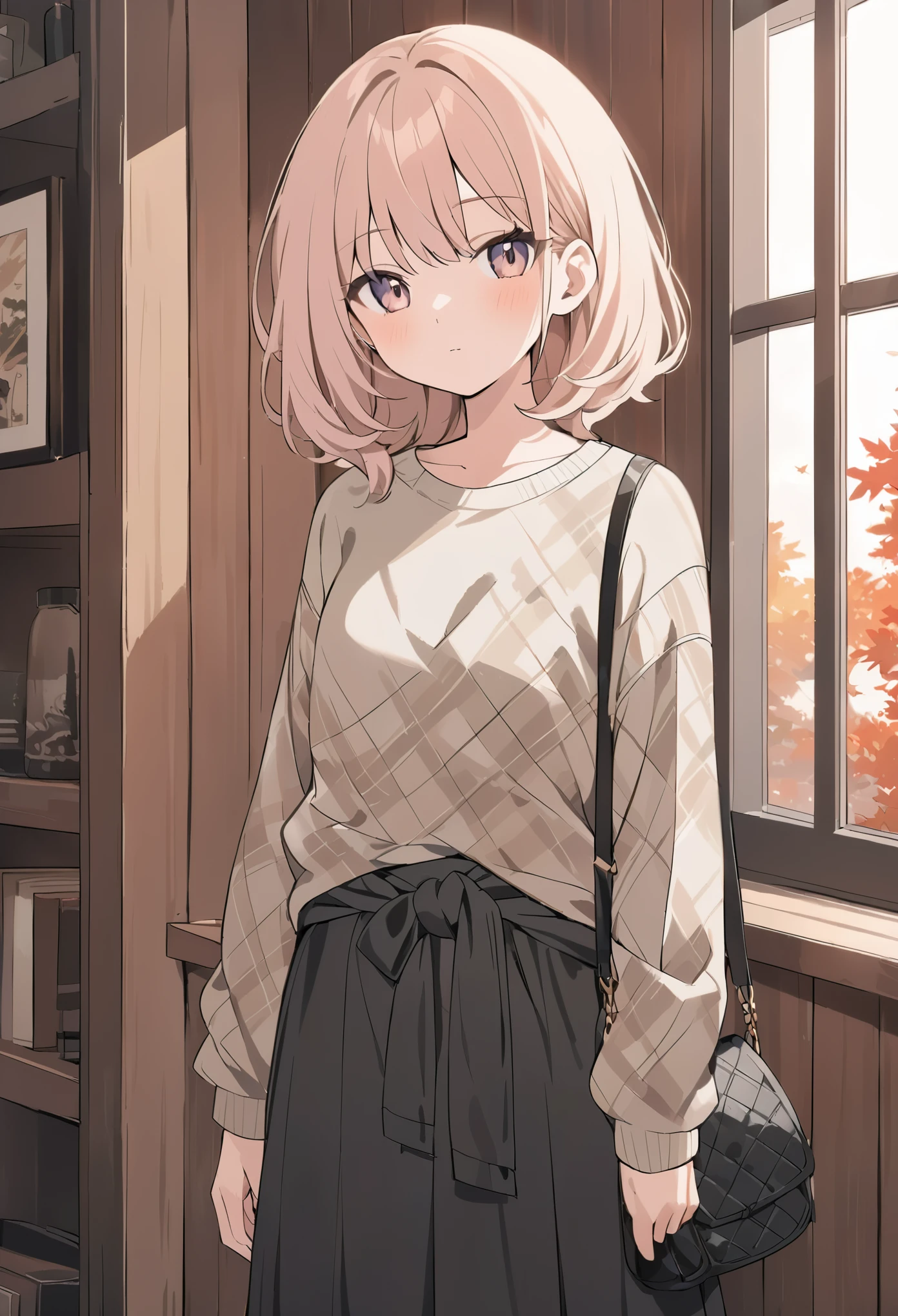 anime girl, pastel,
Low Fidelity (lofi) art style, fashionable woman, casual autumn outfit, brown graphic sweatshirt, black maxi skirt, plaid shirt tied around waist, black leather handbag, relaxed and cozy style, natural lighting, wooden wall background, simple yet chic, minimalist accessories, comfortable and stylish, effortless elegance, modern casual fashion, indoor setting, focus on layering, cozy ambiance