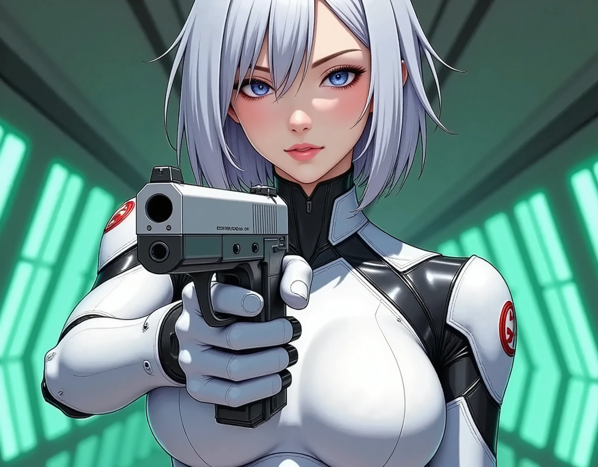 (masterpiece, best illustration,Super detailed),( android woman),(front:2.0),( cowboy shot :2.0),( beautiful face),( beautiful eyes),( looking over here:2.0),(Serious:2.0),(Hold the gun and aim at the camera:2.0),(Point the gun at the camera:2.0),(stand:2.0),(The background is a tunnel drawn by stretching green hologram lines in cyber space:2.0),( detailed hands:2.0),(Beautiful female hands:2.0)