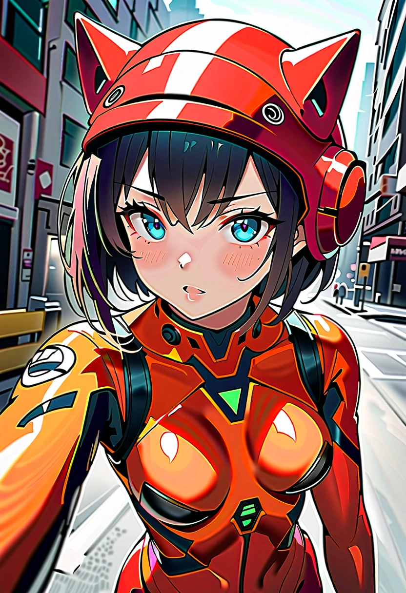 8k, Ultra-high resolution, Highest quality, masterpiece, Rule of thirds photograph,surreal, photograph, pretty girl, Cute Face, Beautiful eyes in every detail, Detailed,masterpiece,,,,,,,,,,, ( short hair, street, emo eyeliner, apocalypse, girl, city, road space helmet, muvluv, eva helm, evangelion,, plugsuit , space helmet, eva helm,red bodysuit, short hair, ,,plugsuit, red bodysuit,evangelion,(red helmet:1.2), space helmet, cat ears, Japanese female,hort hair, bangs, ahegao, red helmet,,upper body, selfie, FROM ABOVE