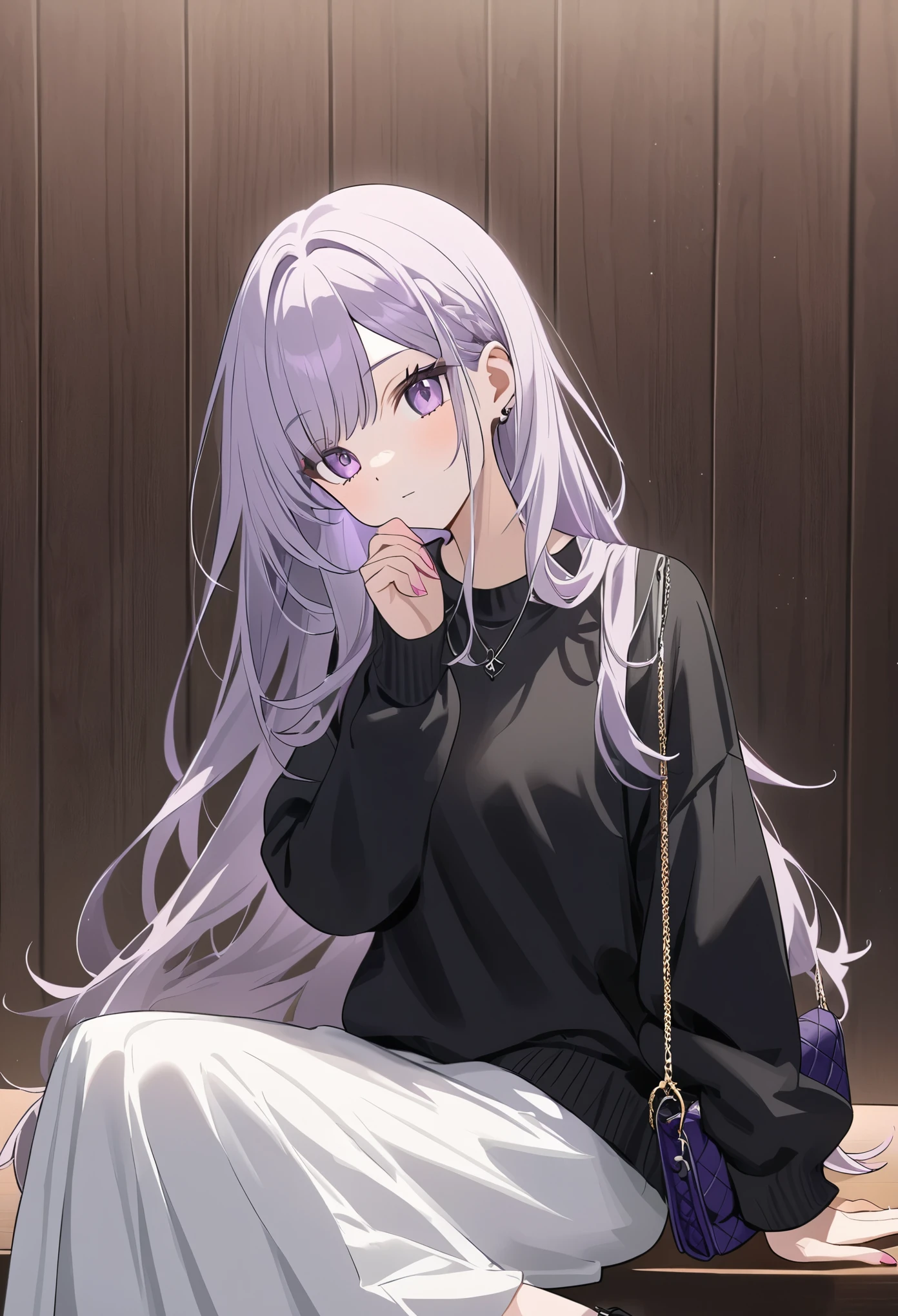 anime girl, pastel,dark gothic style, fashionable woman, casual chic outfit, black cardigan, white graphic t-shirt, long white skirt, purple knitted handbag, black ankle boots, wooden panel background, relaxed pose, minimalist decor, modern style, soft natural lighting, cozy ambiance, effortless fashion, simple yet elegant, contemporary look, stylish and casual, focus on outfit and accessories