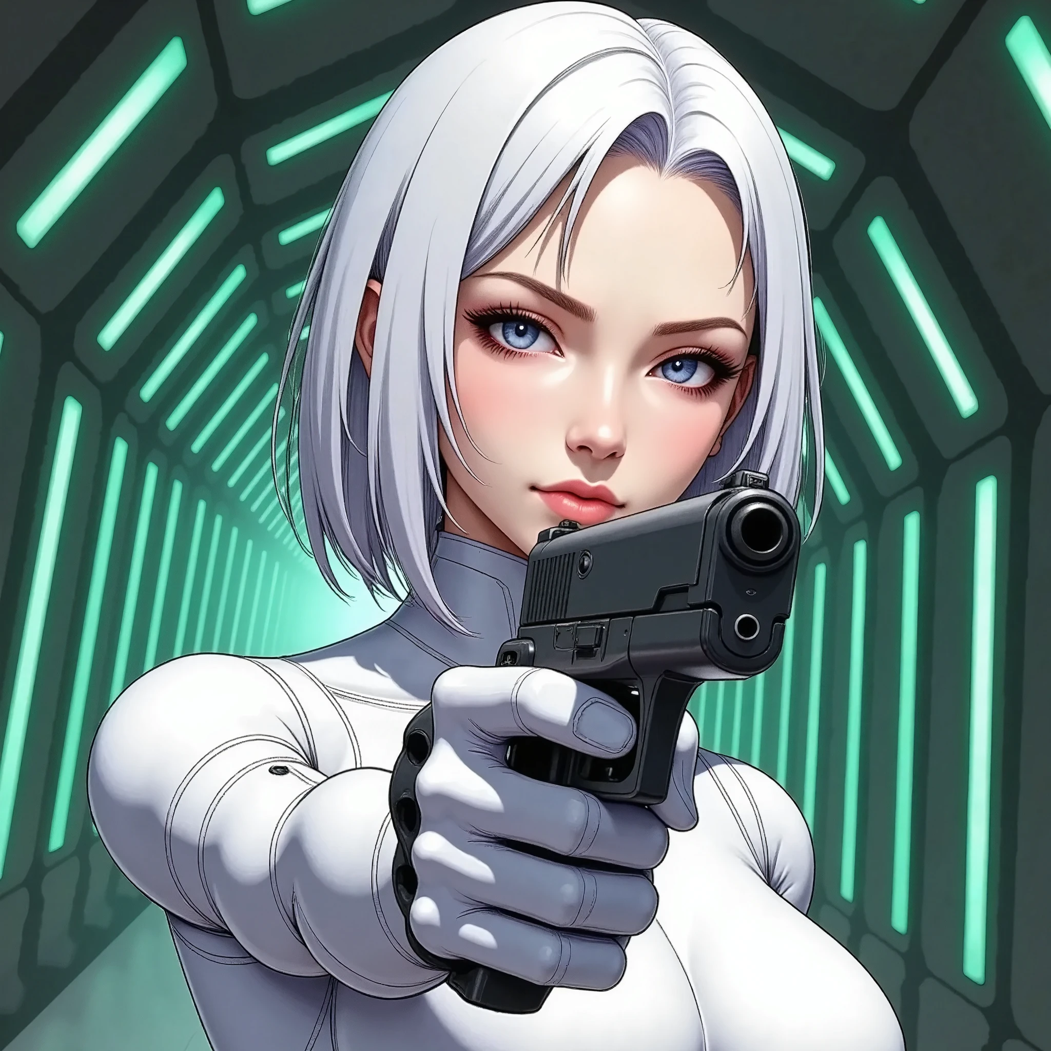 (masterpiece, best illustration,Super detailed),( android woman),(front:2.0),( cowboy shot :2.0),( beautiful face),( beautiful eyes),( looking over here:2.0),(Serious:2.0),(Hold the gun and aim at the camera:2.0),(Point the gun at the camera:2.0),(stand:2.0),(The background is a tunnel drawn by stretching green hologram lines in cyber space:2.0),( detailed hands:2.0),(Beautiful female hands:2.0)