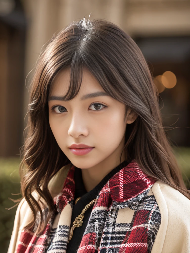 a beautiful girl with long wavy hair, in a red and white plaid coat, holding a purple purse, exclusive image, highly detailed portrait of Gemma Chen, Li Bingbing, wearing a red plaid dress, Burberry fashion, beautiful detailed eyes, beautiful detailed lips, extremely detailed face and features, long eyelashes, elegant pose, cinematic lighting, warm color tones, photorealistic, 8k, best quality, masterpiece