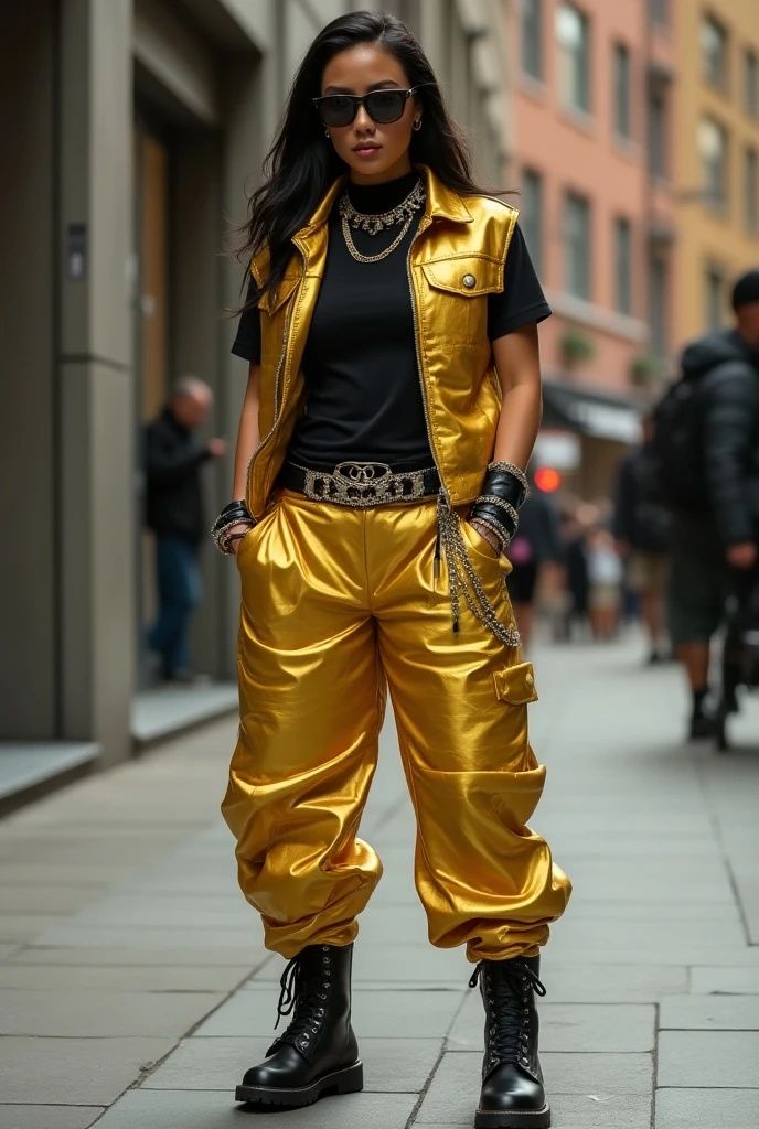 a beautiful African-American woman, detailed facial features, long eyelashes, full lips, wearing a crop top, high waisted leggings, belt with metallic buckle, sneakers, hoop earrings, dynamic pose, natural lighting, photorealistic, intricate details, vibrant colors, fashion editorial style,  bianca belair