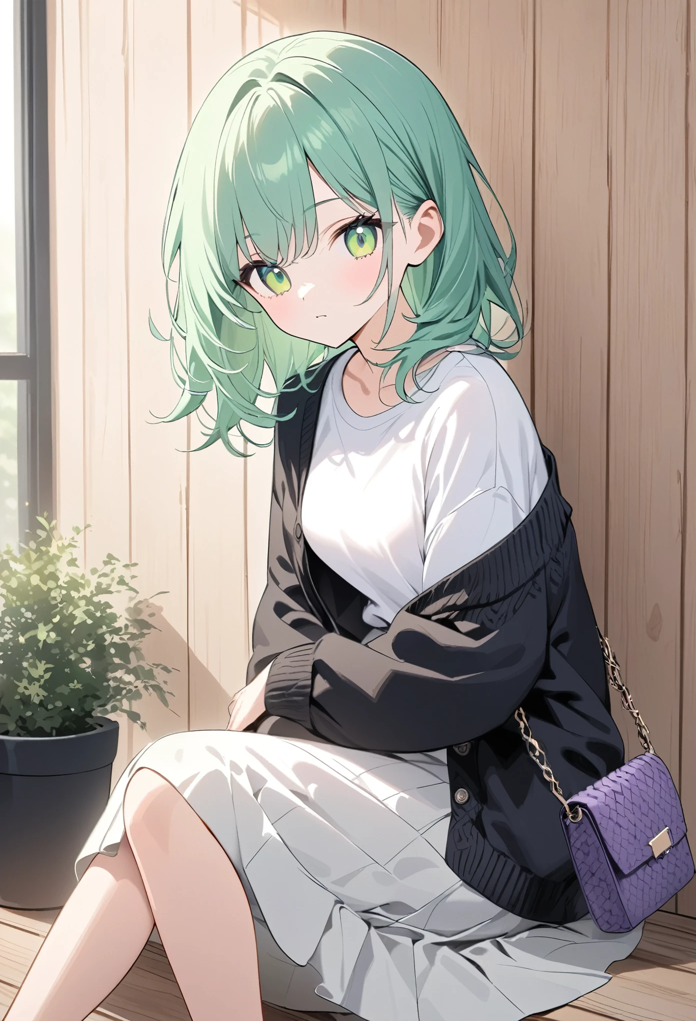 anime girl, pastel,theme color green, fashionable woman, casual chic outfit, black cardigan, white graphic t-shirt, long white skirt, purple knitted handbag, black ankle boots, wooden panel background, relaxed pose, minimalist decor, modern style, soft natural lighting, cozy ambiance, effortless fashion, simple yet elegant, contemporary look, stylish and casual, focus on outfit and accessories