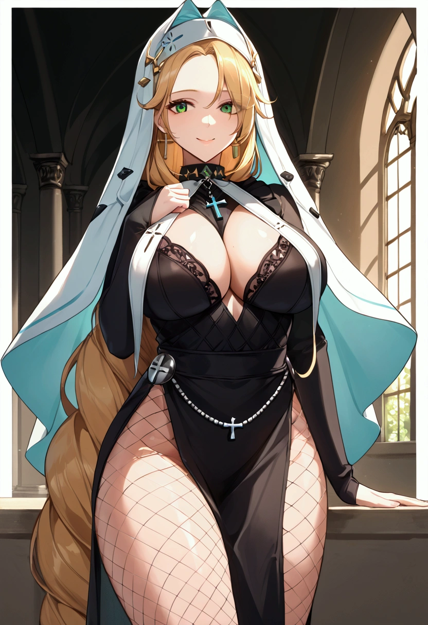 score_9, score_8, score_7, source_  animated, 1mature_FE, 1 woman, only, smile, golden hair,  Very long hair,  green eyes,  black tunic with collar ,  sleeved tunic ,  rosary around the neck ,  thigh neckline , long neckline,  black cloth veil with white border , very long veil ,  black ribbon behind the veil ,  priestly fabric around the neck, very long fabric , long net tights ,  big breasts shirt,  background a marble temple room , cuerpo perFEcto,  erotic anatomy , anatomía perFEcta, Piernas perFEctas, Postura perFEcta, Ambient light.