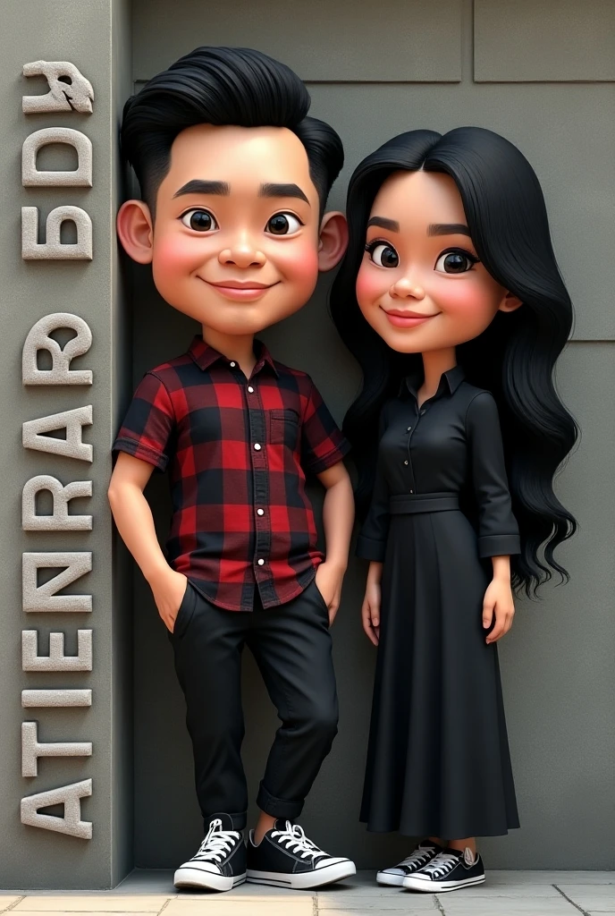 Create a 4D realistic caricature with large heads. On the left, draw an adult Indonesian Asian man wearing a pink t-shirt, ripped white jeans, and white sneakers. On the right, draw an adult Indonesian Asian woman with long hair, wearing a pink t-shirt, white jeans, and pink high heels. In the middle, place a 3-year-old Indonesian Asian girl with short hair, wearing a pink dress and pink shoes. They should be standing side by side, smiling, and displaying a sense of camaraderie and familiarity. The background should be cool and feature musical elements. The final image should be of high quality, 8K resolution." Very realistic