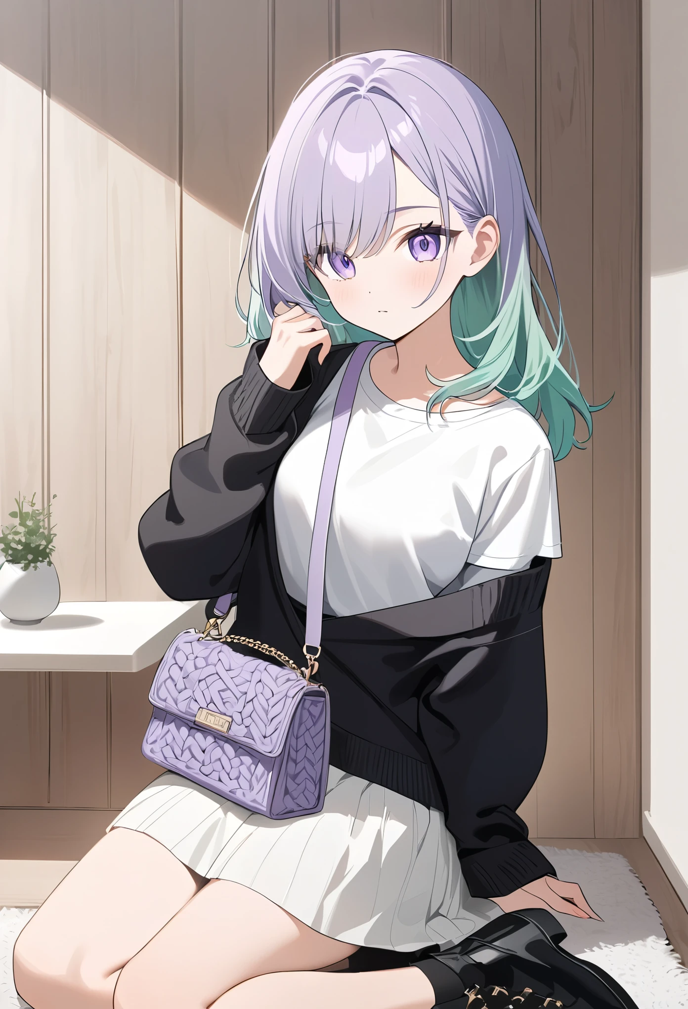 anime girl, pastel,theme color green, fashionable woman, casual chic outfit, black cardigan, white graphic t-shirt, long white skirt, purple knitted handbag, black ankle boots, wooden panel background, relaxed pose, minimalist decor, modern style, soft natural lighting, cozy ambiance, effortless fashion, simple yet elegant, contemporary look, stylish and casual, focus on outfit and accessories