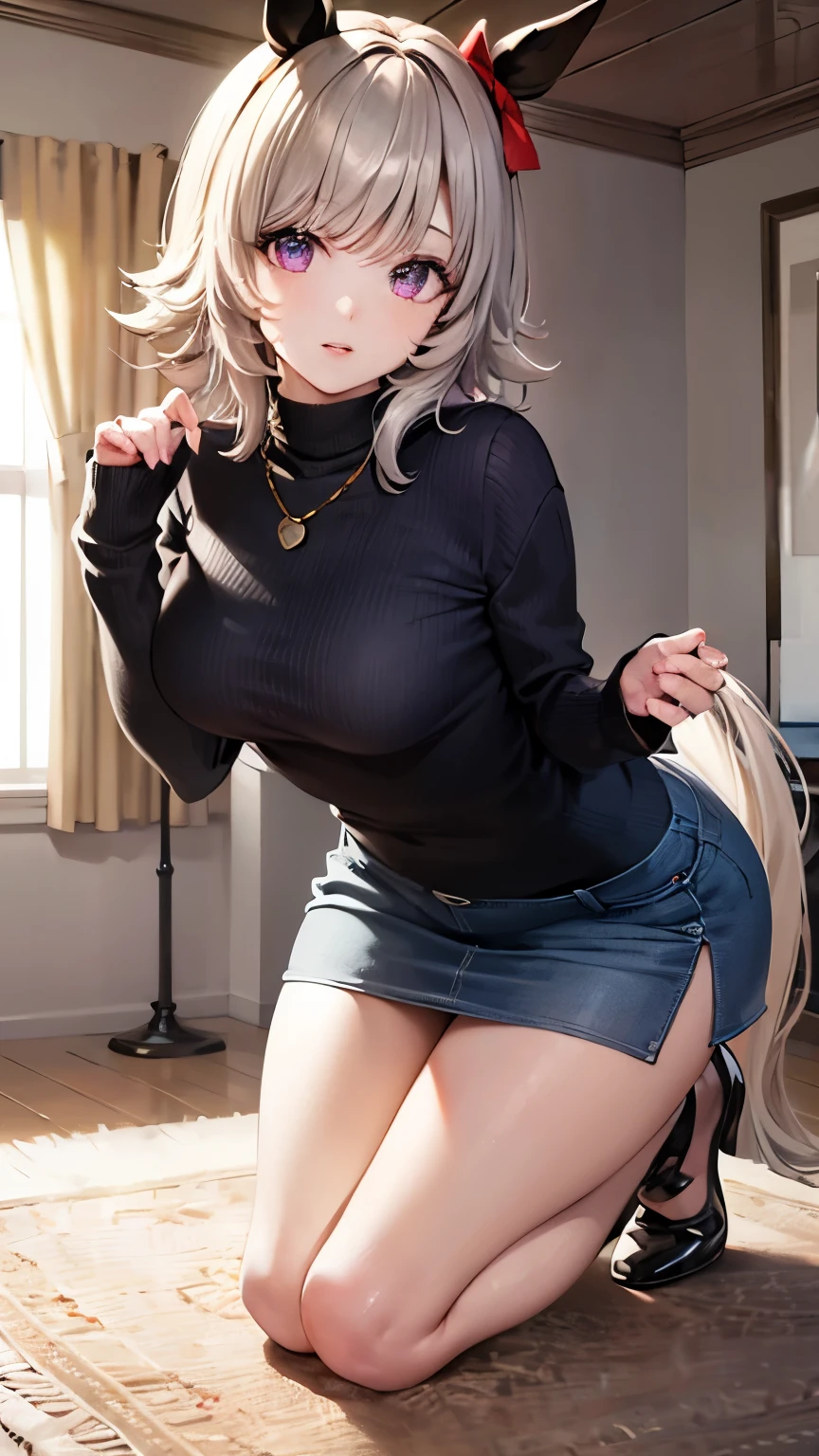 8k high resolution (Super detailed), masterpiece, (Best Quality)　 Anime Illustration 　 detailed eyes on board,  detailed face　 detailed hands　Fine hair　 very elaborate body、 fine skin 　 1 girl　Horse Girl_Karen Chan　(curren chan)　(everyday wear, sweater, skirt)　 see here　Accentuated breasts　 attractive figure 　indoor　 bust up with kneeling