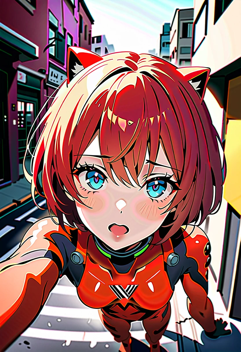 8k, Ultra-high resolution, Highest quality, masterpiece, Rule of thirds photograph,surreal, photograph, pretty girl, Cute Face, Beautiful eyes in every detail, Detailed,masterpiece,,,,,,,,,,, ( short hair, street, emo eyeliner, apocalypse, girl, city, road space helmet, muvluv, eva helm, evangelion,, plugsuit , space helmet, eva helm,red bodysuit, short hair, ,,plugsuit, red bodysuit,evangelion,(red helmet:1.2), space helmet, cat ears, Japanese female,hort hair, bangs, ahegao, red helmet,,upper body, selfie, FROM ABOVE