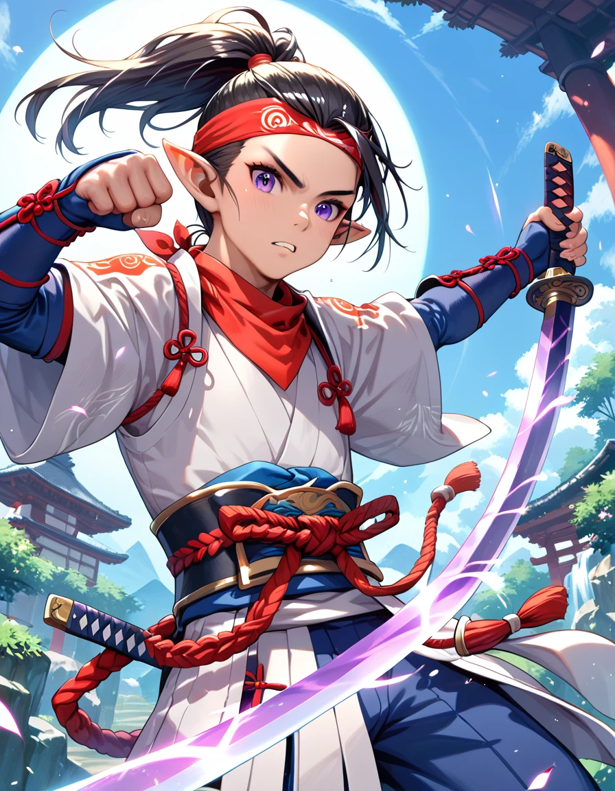 masterpiece, highest_quality, ultra_detailed, 1_boy_focus, boy is (japanese_young_boy, 15_years_old, elf_ears, purple_eyes, (black_hair, high_short_ponytail, bandana):1.5, thin_body, flat_chest, five_fingers, samurai_costume, samurai_sword, samurai_armor, katana) on center, full_of_details, detailed_face, dynamic_angle, fighting_pose, acrobatic_pose, dynamic_pose, dynamic_perspective