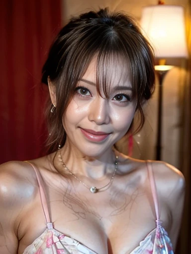 Best Quality,  high resolution on down, employment, Skin definition, Detailed skin, Detail Eyes,  detail face  , 4K, 日本人の美Mature Woman, (solo), (((Age 35))), (Wrinkles around the eyes:1.6), (  nasolabial fold  :1.5),  very big breasts, Mature Woman, Glamour,  sexy,  chromo white skin , ((short hair dyed pink)),  watching viewers ,(((My skin is old))), ((Muscles are old)), Extra large breasts, ((Japanese Models)), 4K, 8k, (photoRealistic:1.5), Realistic,  NFS W , beautiful,,  Completely-valid,  Tiny Diamond Necklace , Earrings, ((Floral Dress,  high heels, )),  THICK THIGS , , curve, smile, Public places，Upper body only，