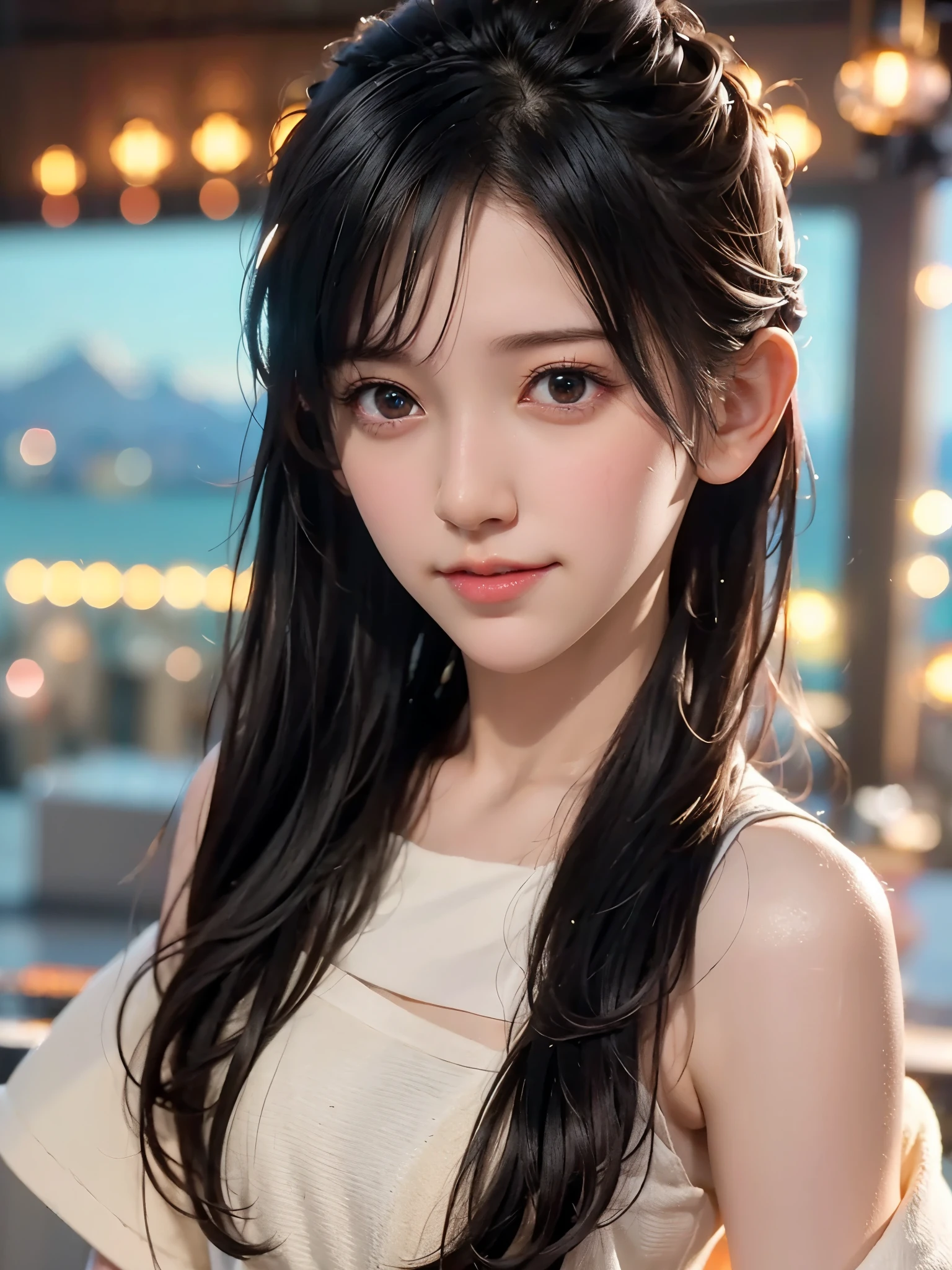  high resolution on down, 8k, Best Quality,  Details, Semi-realistic anime, 3D anime style,  Smooth Animated CG ,  one girl playing pranks,  A 20-year-old Japanese woman , slim, Modeling, Shiny black hair,  Detailsな顔, Beautiful and  Details,  Glowing Skin ,  Hard Focus 、 film grain,  soft lighting,  watching the audience in the cloud , smile, (Mountain Climbing Girl 、Mountaineering clothing),  Mountain Views 、City and Ocean Views 