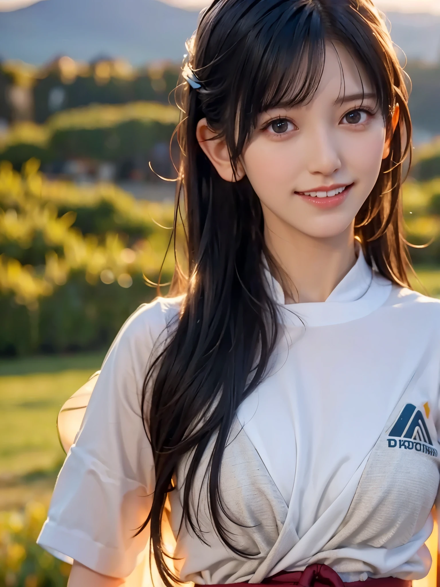 high resolution on down, 8k, Best Quality, Details, Semi-realistic anime, 3D anime style, Smooth Animated CG , one girl playing pranks, A 20-year-old Japanese woman , slim, Modeling, Shiny black hair, Detailsな顔, Beautiful and Details, Glowing Skin , Hard Focus 、 film grain, soft lighting, smile, (Mountain Climbing Girl 、Mountaineering clothing), Mountain Views 、I'm looking at the city and the sea