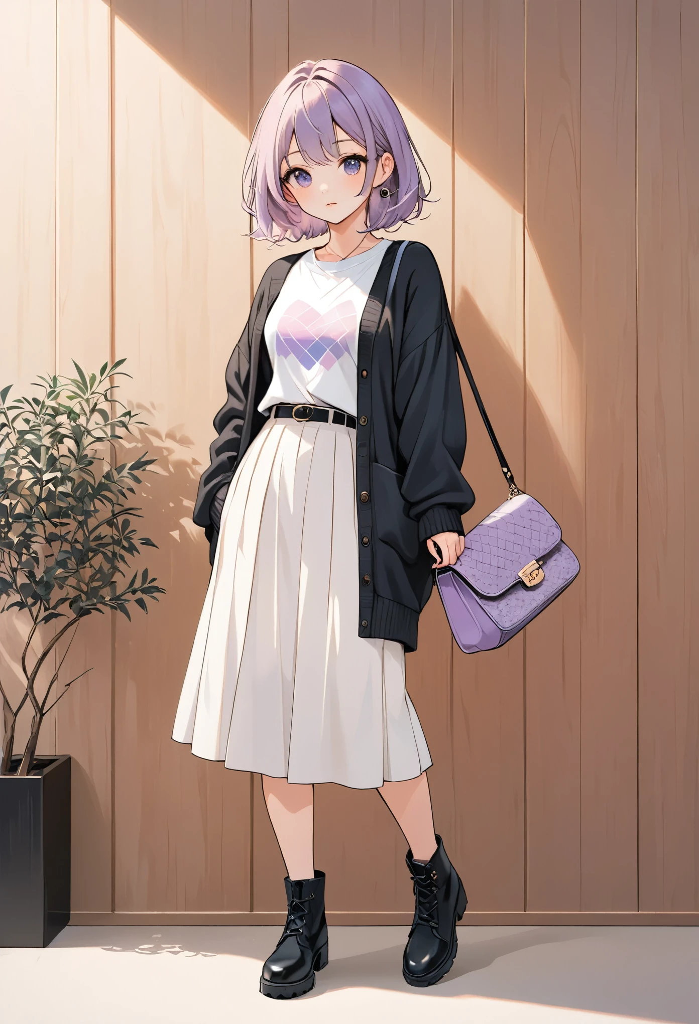 anime girl, pastel,
Low Fidelity (lofi) art style, fashionable woman, pastel,casual chic outfit, black cardigan, white graphic t-shirt, long white skirt, purple knitted handbag, black ankle boots, wooden panel background, relaxed pose, minimalist decor, modern style, soft natural lighting, cozy ambiance, effortless fashion, simple yet elegant, contemporary look, stylish and casual, focus on outfit and accessories