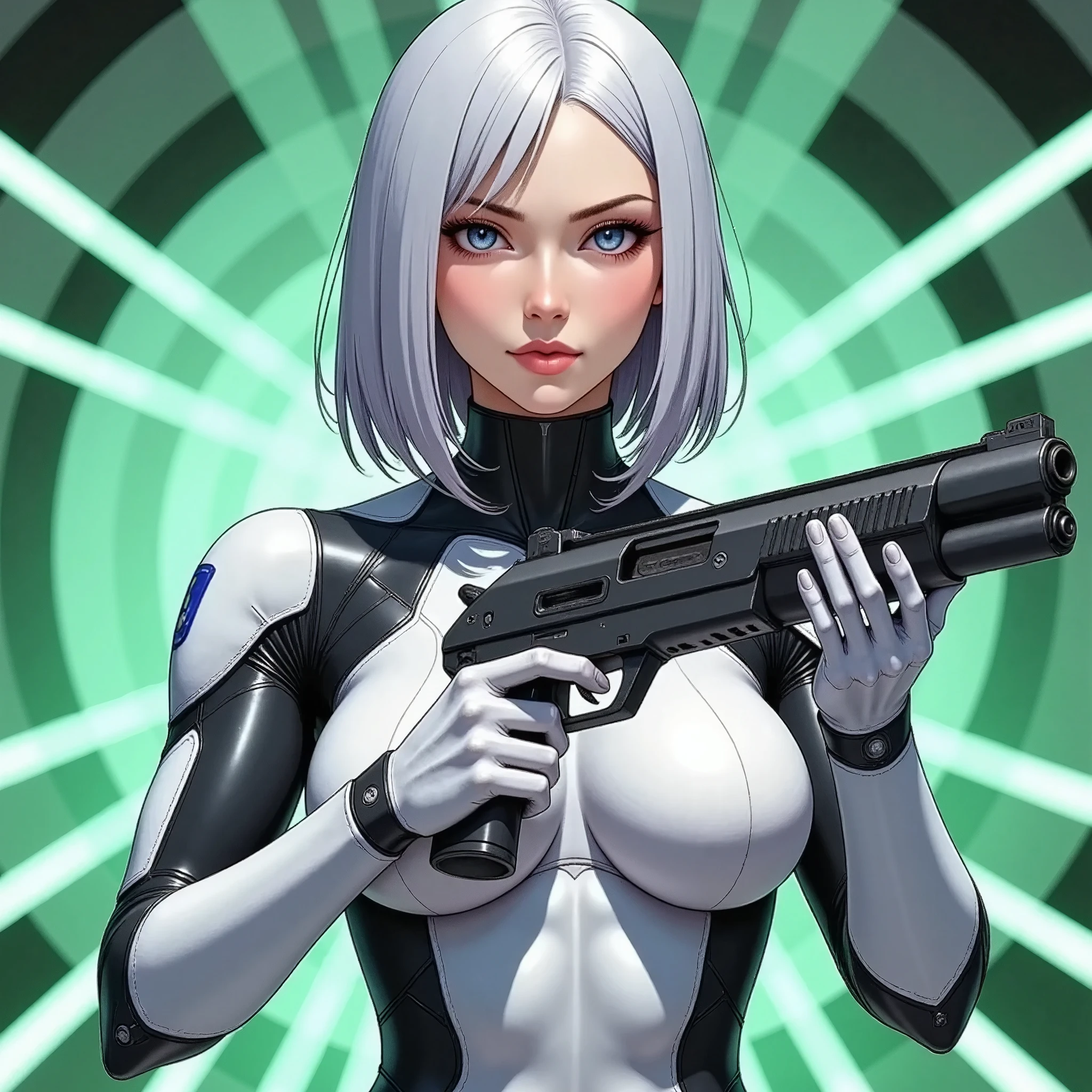 (masterpiece, best illustration,Super detailed),( android woman),(front:2.0),( cowboy shot :2.0),( beautiful face),( beautiful eyes),( looking over here:2.0),(Serious:2.0),(Hold the gun and aim at the camera:2.0),(Point the gun at the camera:2.0),(stand:2.0),(The background is a tunnel drawn by stretching green hologram lines in cyber space:2.0),( detailed hands:2.0),(Beautiful female hands:2.0)