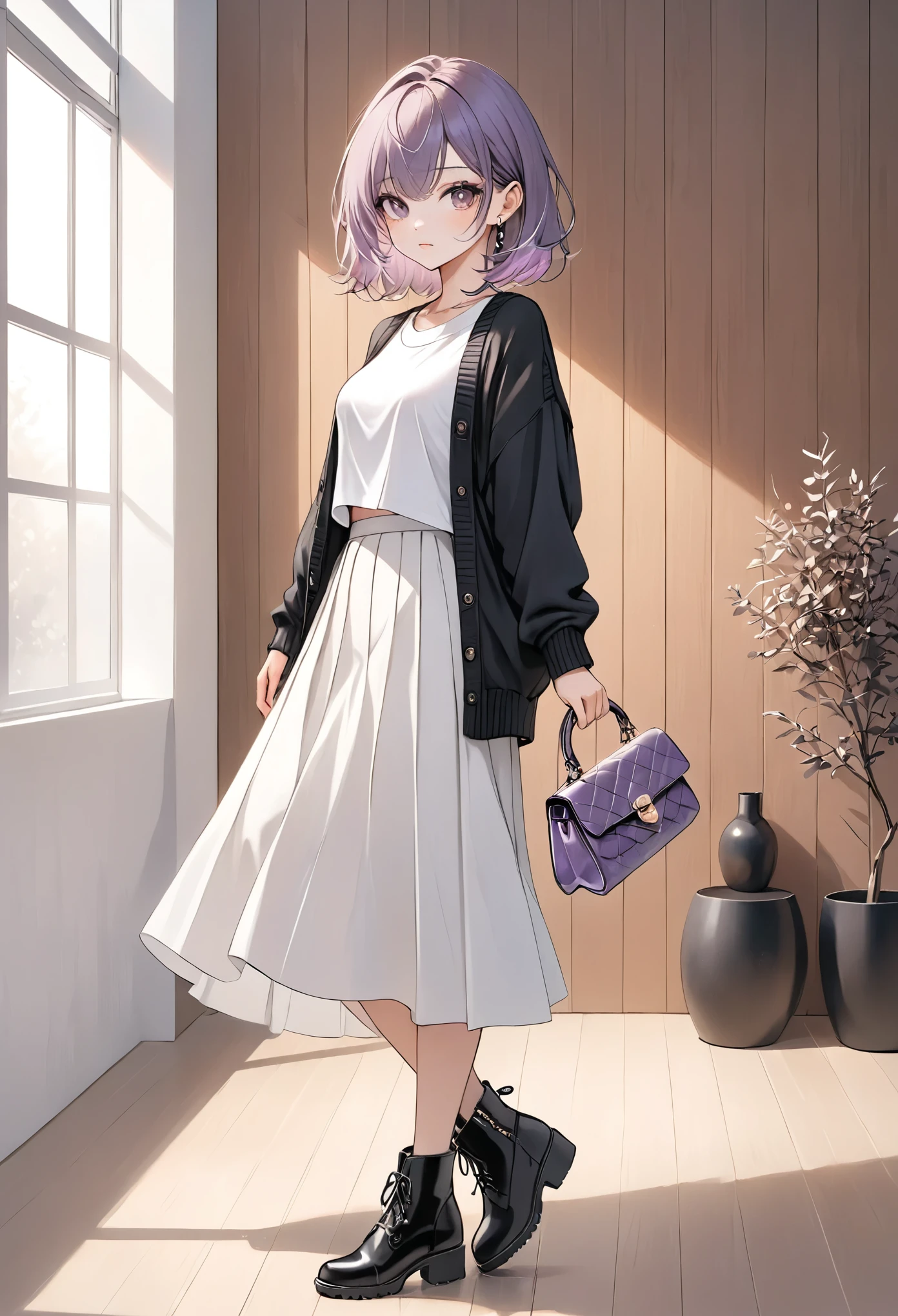 anime girl, pastel,dark gothic style, fashionable woman, pastel,casual chic outfit, black cardigan, white graphic t-shirt, long white skirt, purple knitted handbag, black ankle boots, wooden panel background, relaxed pose, minimalist decor, modern style, soft natural lighting, cozy ambiance, effortless fashion, simple yet elegant, contemporary look, stylish and casual, focus on outfit and accessories