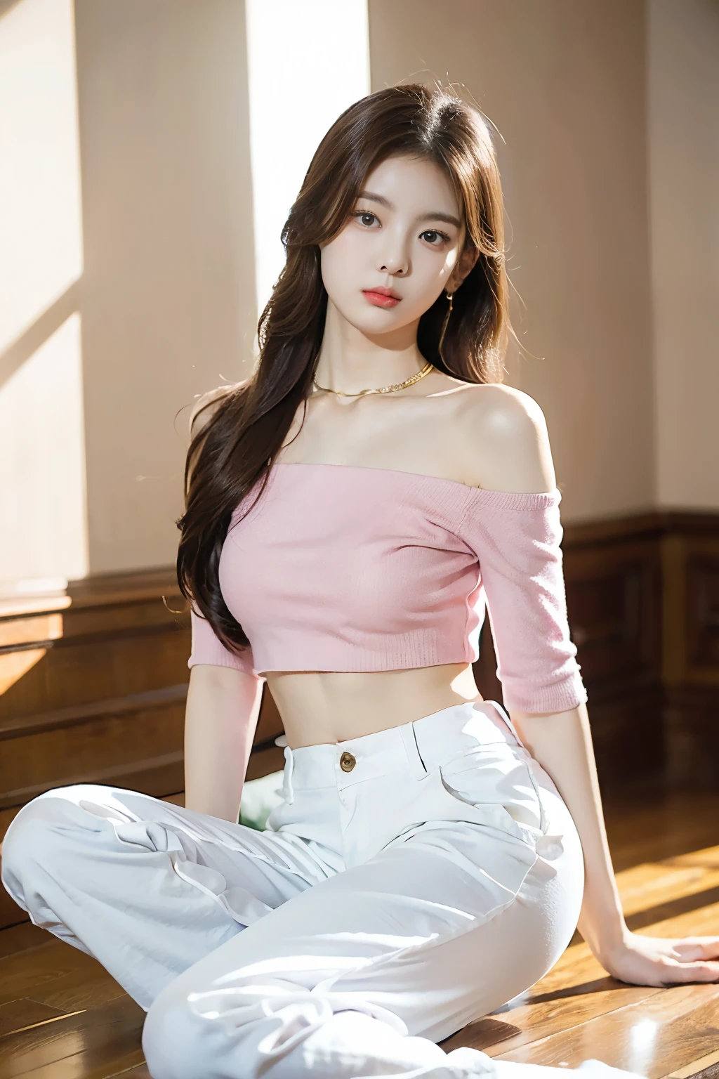 ((best quality, best resolution, masterpiece, ultra detailed)), beautiful Korean girl, brown hair, medium hair, golden eyes, pink lips, indoors, inside a room, sunlight, bright light, ashamed expression, flowing hair, full body, (wearing crop top off shoulders, white pants, necklace), Lia Itzy, perfect body, perfect face, perfect hands