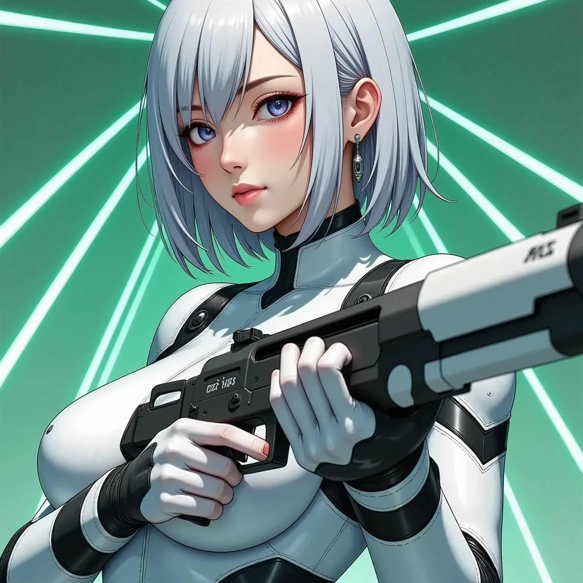 (masterpiece, best illustration,Super detailed),( android woman),(front:2.0),( cowboy shot :2.0),( beautiful face),( beautiful eyes),( looking over here:2.0),(Serious:2.0),(Hold the gun and aim at the camera:2.0),(Point the gun at the camera:2.0),(stand:2.0),(The background is a tunnel drawn by stretching green hologram lines in cyber space:2.0),( detailed hands:2.0),(Beautiful female hands:2.0)