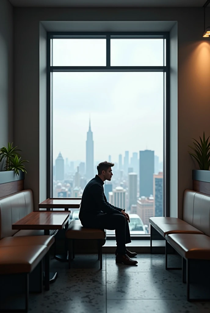 imagine Highly detailed, realistic, cinematic rendering of a solitary figure sitting in an empty cafe, staring out the window at a distant urban cityscape. The scene evokes themes of social isolation, loneliness, and introspection. The figure's expression is contemplative and distant, reflecting a sense of disconnection from the surrounding urban environment. Soft, diffused light illuminates the quiet interior, creating a mood of contemplation and solitude. The cafe's interior is minimalist and contemporary, emphasizing the figure's isolation.