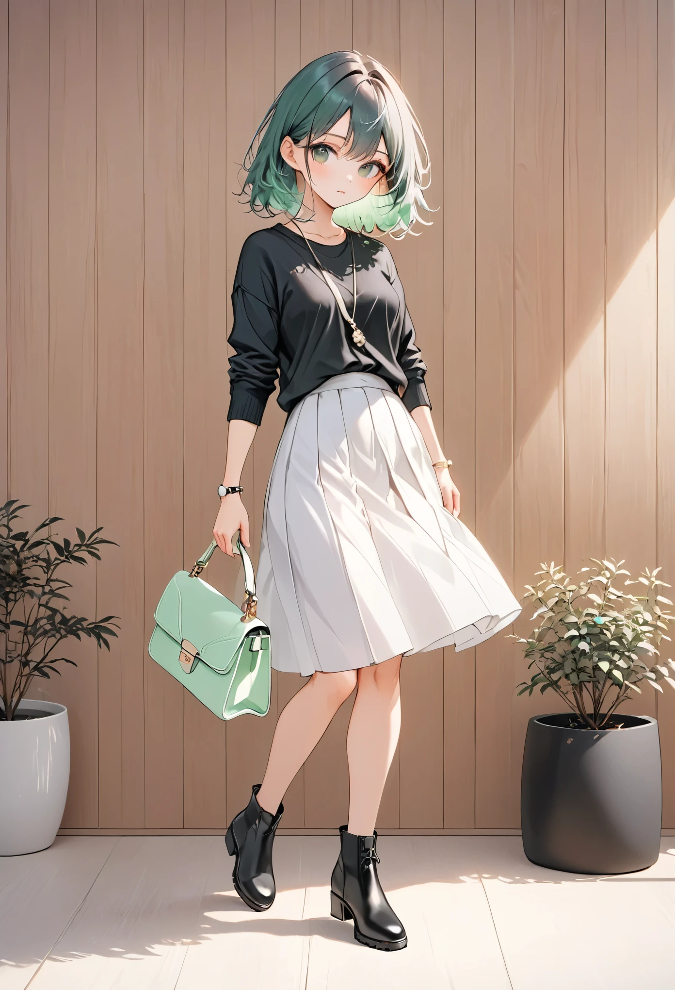 anime girl, pastel,theme color green, fashionable woman, pastel,casual chic outfit, black cardigan, white graphic t-shirt, long white skirt, purple knitted handbag, black ankle boots, wooden panel background, relaxed pose, minimalist decor, modern style, soft natural lighting, cozy ambiance, effortless fashion, simple yet elegant, contemporary look, stylish and casual, focus on outfit and accessories