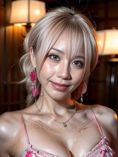 Best Quality,  high resolution on down, employment, Skin definition, Detailed skin, Detail Eyes,  detail face  , 4K, 日本人の美Mature Woman, (solo), (((Age 35))), (Wrinkles around the eyes:1.6), (  nasolabial fold  :1.5),  very big breasts, Mature Woman, Glamour,  sexy,  chromo white skin , ((short hair dyed pink)),  watching viewers ,(((My skin is old))), ((Muscles are old)), Extra large breasts, ((Japanese Models)), 4K, 8k, (photoRealistic:1.5), Realistic,  NFS W , beautiful,,  Completely-valid,  Tiny Diamond Necklace , Earrings, ((Floral Dress,  high heels, )),  THICK THIGS , , curve, smile, Public places，Upper body only，