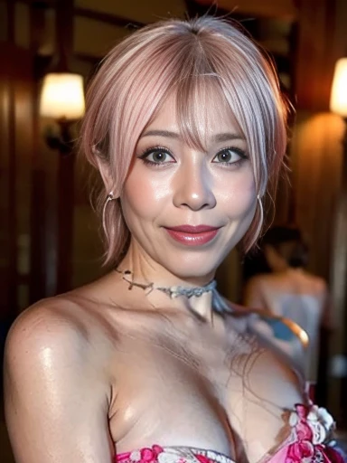 Best Quality,  high resolution on down, employment, Skin definition, Detailed skin, Detail Eyes,  detail face  , 4K, 日本人の美Mature Woman, (solo), (((Age 35))), (Wrinkles around the eyes:1.6), (  nasolabial fold  :1.5),  very big breasts, Mature Woman, Glamour,  sexy,  chromo white skin , ((short hair dyed pink)),  watching viewers ,(((My skin is old))), ((Muscles are old)), Extra large breasts, ((Japanese Models)), 4K, 8k, (photoRealistic:1.5), Realistic,  NFS W , beautiful,,  Completely-valid,  Tiny Diamond Necklace , Earrings, ((Floral Dress,  high heels, )),  THICK THIGS , , curve, smile, Public places，Upper body only，