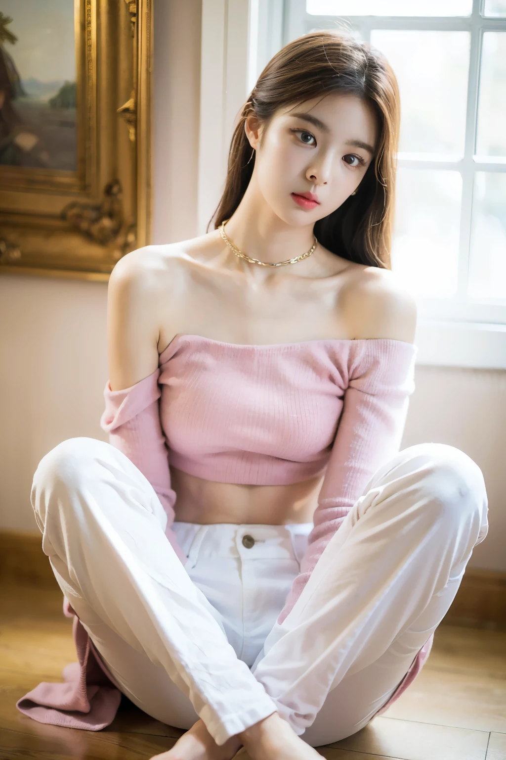 ((best quality, best resolution, masterpiece, ultra detailed)), beautiful Korean girl, brown hair, medium hair, golden eyes, pink lips, indoors, inside a room, sunlight, bright light, ashamed expression, flowing hair, full body, (wearing crop top off shoulders, white pants, necklace), Lia Itzy, perfect body, perfect face, perfect hands