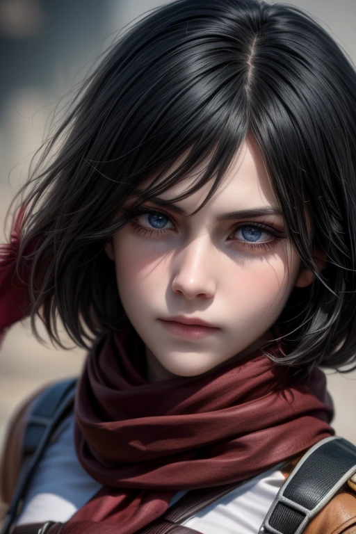 a girl, mikasa, with striking black eyes, beautiful detailed eyes, beautiful detailed lips, extremely detailed face, long eyelashes, bright black eyes, fair skin, short dark hair, wearing a scarf, badge, belt, thigh strap, red scarf, white pants, brown jacket, long sleeves, wearing a pair of cross-laced boots and black socks with a sling, portrait, digital painting, cinematic lighting, dramatic, moody, high contrast, vibrant colors, (best quality, 4k, 8k, high-res, masterpiece: 1.2), ultra detailed, (realistic, photorealistic, photorealistic: 1.37)