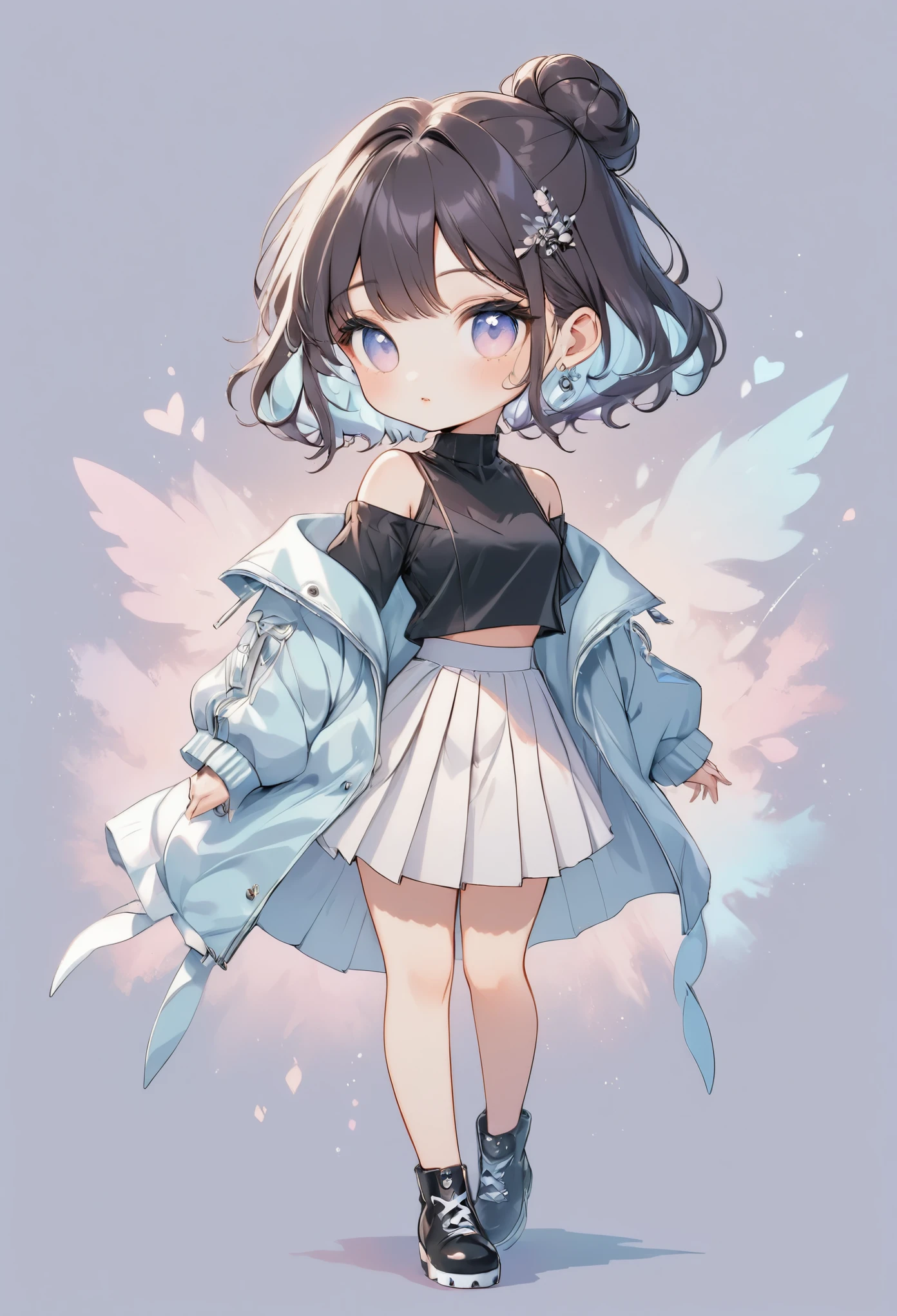 anime girl, pastel, Low Fidelity (lofi) art style, stylish outfit, off-shoulder blue crop jacket,chibi of chibi, pleated white skirt, cool color scheme, high fashion, elegant pose, modern and chic, dark hair in a loose bun, soft makeup, minimalist background, trendy aesthetic, fashion-forward design, soft lighting, playful yet sophisticated, anime art style, feminine elegance, cool tones, focus on outfit