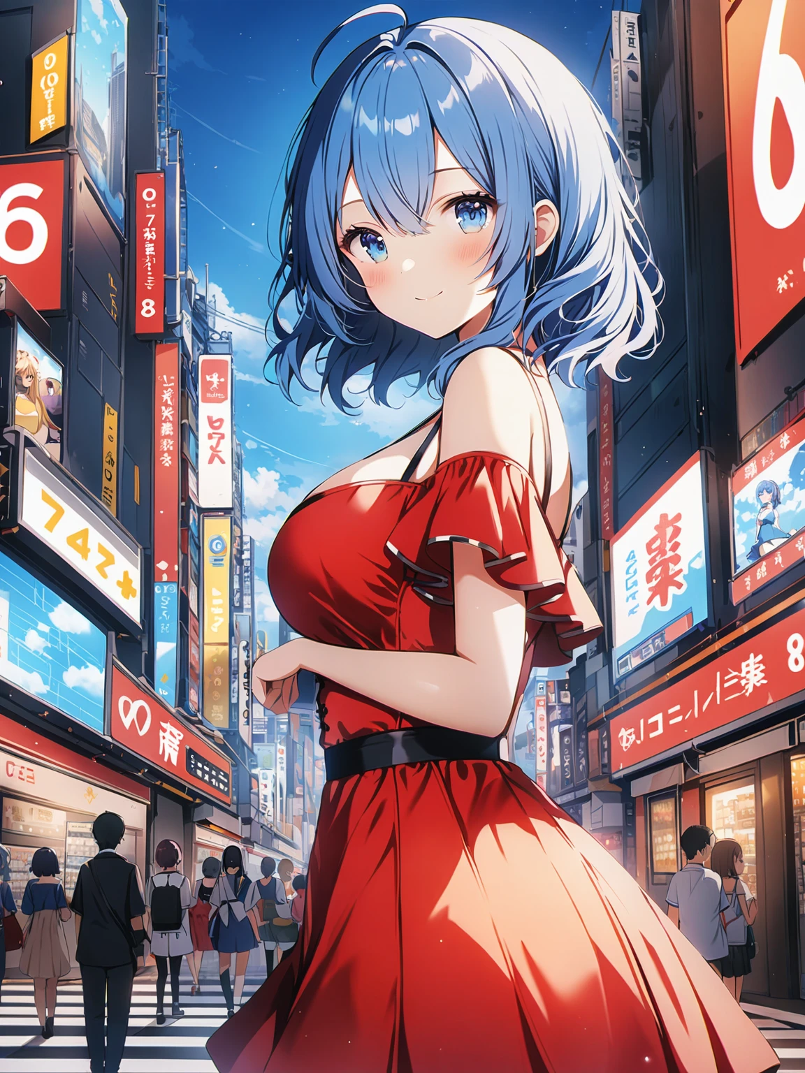 Score_9, Score_8_up, Score_7_up, source_anime, annayanami, annayanami, medium hair, blue eyes, ahoge, blue hair, medium breasts, smile, off-shoulders dress, red dress, cleavage, curvy body, tokyo, tokyo road, looking viewer, from side, best quality, high quality, parfect anatomy, ultra-detailed, detailed clothes, high resolution, detailed backgroud, solo, alone,