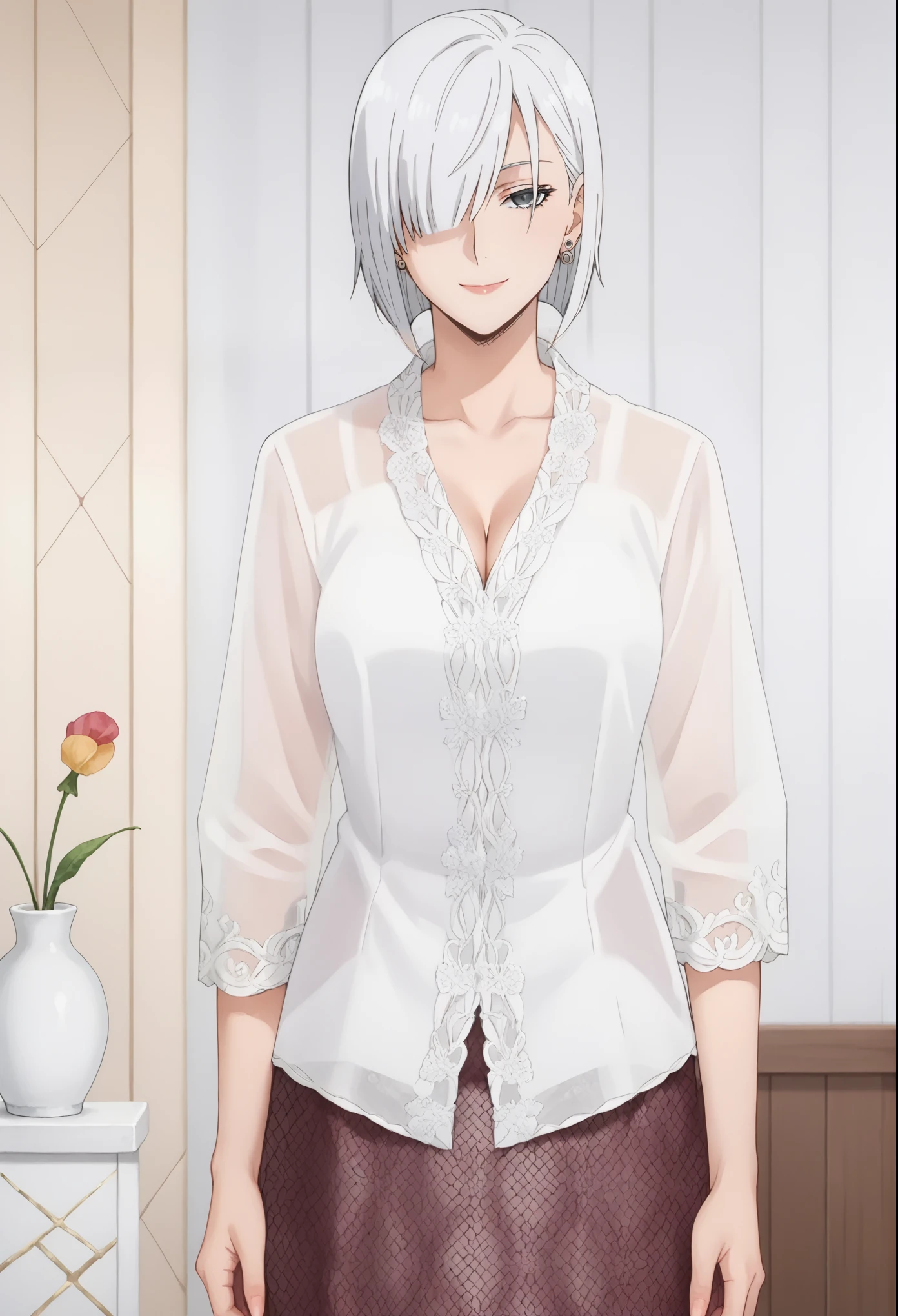 score_9, score_8_up, score_7_up, masterpiece, best quality, source_anime , BREAK 1girlfiona frost, white hair, short hair, hair over one eye, grey eyes, large breasts, see-trough, white shirt, cleavage, white shirt,  skirt, kebaya dress,indoors, kebaya, smile, looking at viewer, see-trough, anime screencrap,