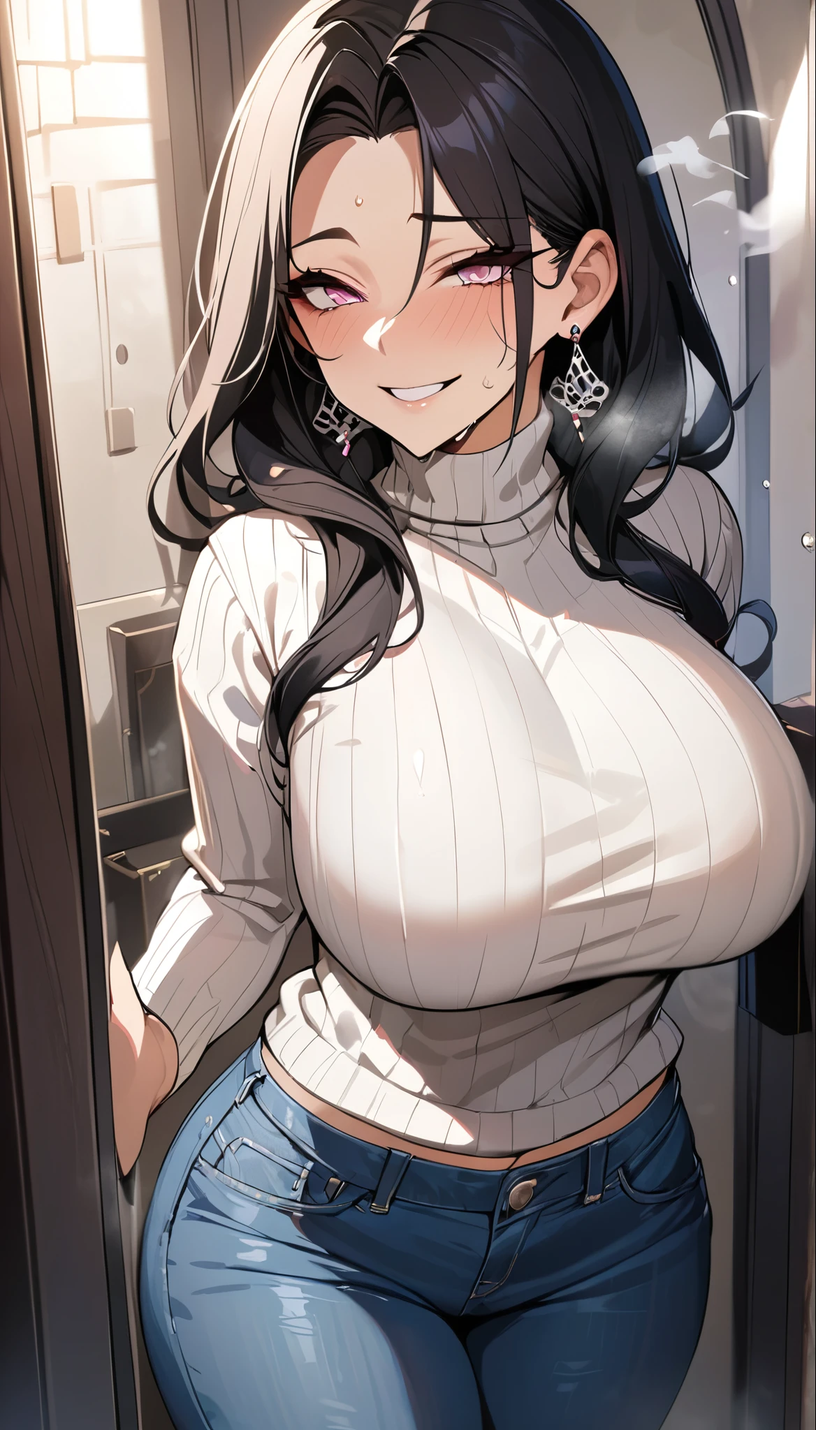 4K, masterpiece, Best Quality, (detailed face and eyes_1.4), detailed skin, Cowboy Shot, detailed, One girl, Mature Body, Big Breasts, Alone, Black Hair, Pink eyes,a Mole under left eye, Hair covering the right eye, A small smile, steam coming out of mouth, Open lips, white sweater, jeans, Villains Smile, A seductive smile, Seductive eyes, Earrings、((steam,sweat)), 