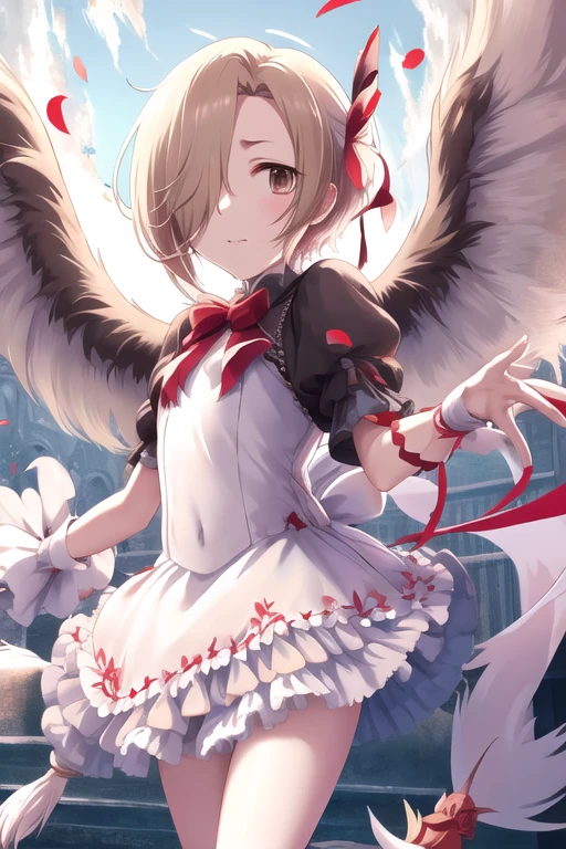 masterpiece, Best Quality,  high resolution on down,    1 girl, red hat ,  frills,  red dress ,  puff sleeve,  white gloves,  red ribbon,  White thighs, Wings, jump, null, Have staff, Cane, fuuin no tsue,  open your mouth , Tied up,  petals,  cowboy shot ,　, blond hair, Hair over the eyes,  short hair,  Brown Eyes ,  flat chest,　