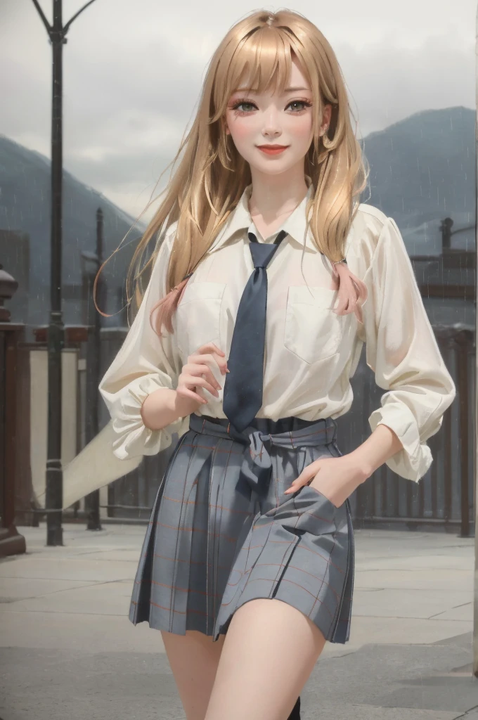 In realistic oil painting portrait of high quality and detail, Marin Kitagawa (My Dress Up Darling), She has a slim build, with a small waist. She has long, silky, blonde hair with pink ends. Her bangs proportionally cover half of her forehead, reaching her eyelashes. Two strands of hair are shorter than the others and lie on her shoulders. A slender girl above average height with a light skin tone, red contact lenses, and multiple piercings in both ears. At school, she wears a blue tie, a white button-down shirt with one breast pocket on the left, tucked into a blue plaid skirt, a pair of black socks and brown loafers. The girl also wears a plural of accessories: a black choker, two bracelets on her left hand and a ring on her right little finger and on her left index finger. Classicism, Waist, modern style, full-length, dark and mysterious atmosphere, glow, eye shadow, 1girl, thriller, Depth & Perspective, smiling face, Mystical powers, fine face, outdoors, raining dark sky, grey clouds, school on the background, looking at viewer, (ultra-high detail:1.2), Masterpiece, Best Quality, Ultra-detailed, Cinematic lighting, 8K, delicate features, cinematic, 35 mm lens, f/1.9, highlight lighting, global lighting –uplight –v 4, cinematic, intense gaze, Cinematic lighting, 8K, high quality, Highest Quality, (Solo Focus), (extremly intricate:1.3), (Realistic), dramatic, masterful, Analog style, (Film grain:1.5), (warm hue, cold tone)