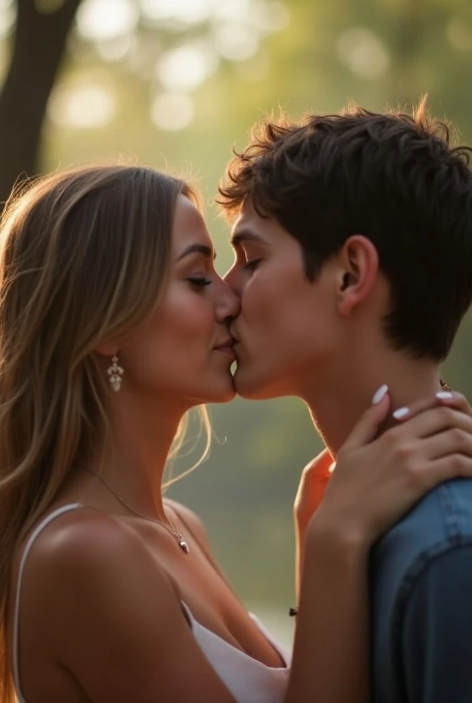 Mujer rubia con ojos claros sonriendo y posando para una foto junto a chico moreno guapo que le esta dando un beso en la mejilla, dibujo en pixar