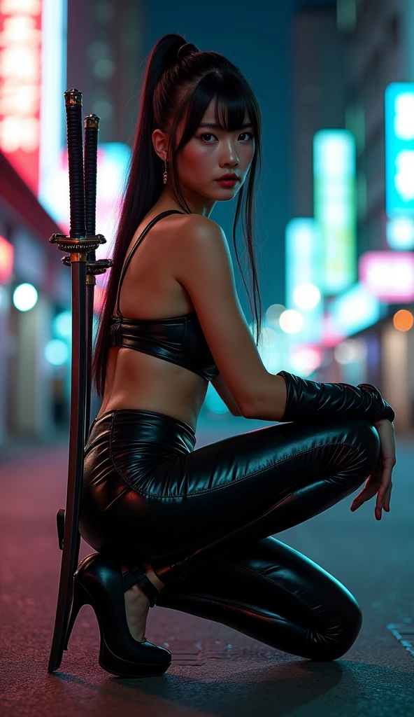 (((masterpiece))),((high quality)),((intricate details)),((photorealistic)),32k,
Professional lighting,(professional photography),
Sharp focus (highly detailed),
Vivid saturation,
,
Beautiful girl (ninja) with sexy body,perfect anatomy,shiny skin,fine skin,well-defined face,perfect eyes,captivating eyes,slender fingers,perfect beautiful hands,beautiful hair,slim waist,slim arms,slim legs,(big breasts: 1.1),
,
Shot in a big city at night,
Short hair,
Ninja costume with matte fabric embroidery,ninja sword gloves,(matte black fabric shorts: 1.2),(matte black fabric spats: 1.2),braided boots,
Toothy smile
