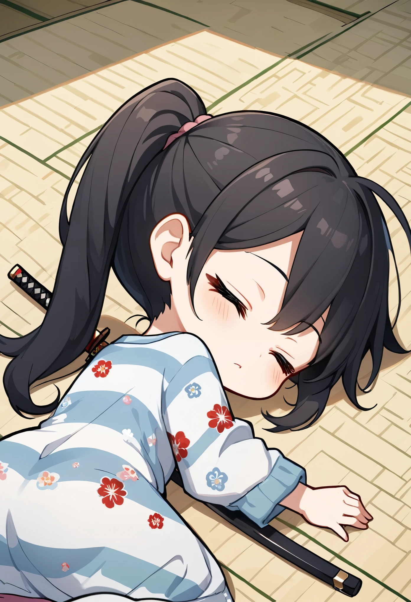 Chibi, One girl, Face down, spread, black hair,pony tail hair,whole body, Casual clothing, Lying down,closed eyes,right hand holding toy katana,katana reflecting shine,back of head, relax,Do you look dead?? ,Rear View,break, (A oil beside her、Skin only),tatami floor