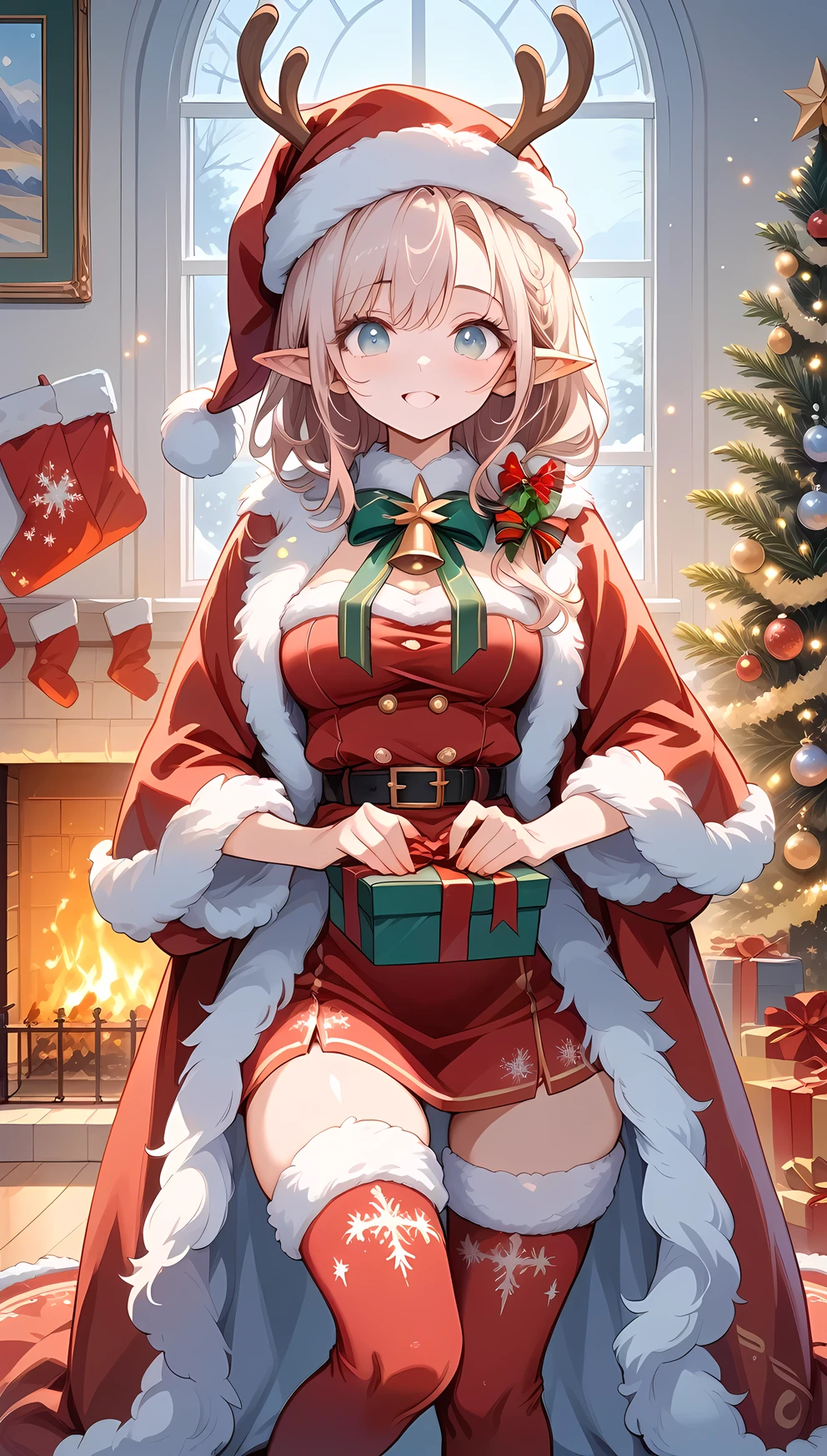 (((Best quality, 8k, Masterpiece: 1.3)), ((best quality)), ((masterpiece)), (detailed), perfect face, perfect body, (detailed skin:1.3), (intricate details), A cheerful elven woman dressed in a Santa Claus-inspired outfit stands in a cozy, festive room. She has pointed ears that peek out from under a red Santa hat with a fluffy white trim. Her outfit is a fitted red coat with white fur edges, a black belt, and tall boots, giving her a playful yet elegant holiday look. She holds a large sack of gifts over her shoulder, her expression warm and joyful. The background features a decorated Christmas tree, glowing string lights, and stockings hung by a fireplace, creating a warm, festive atmosphere filled with holiday cheer.