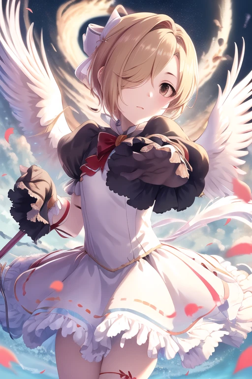 masterpiece, Best Quality,  high resolution on down,    1 girl, red hat ,  frills,  red dress ,  puff sleeve,  white gloves,  red ribbon,  White thighs, Wings, jump, null, Have staff, Cane, fuuin no tsue,  open your mouth , Tied up,  petals,  cowboy shot ,　, blond hair, Hair over the eyes,  short hair,  Brown Eyes ,  flat chest,　, (Perfect hands, perfect anatomy ),,  Five Fingers ,